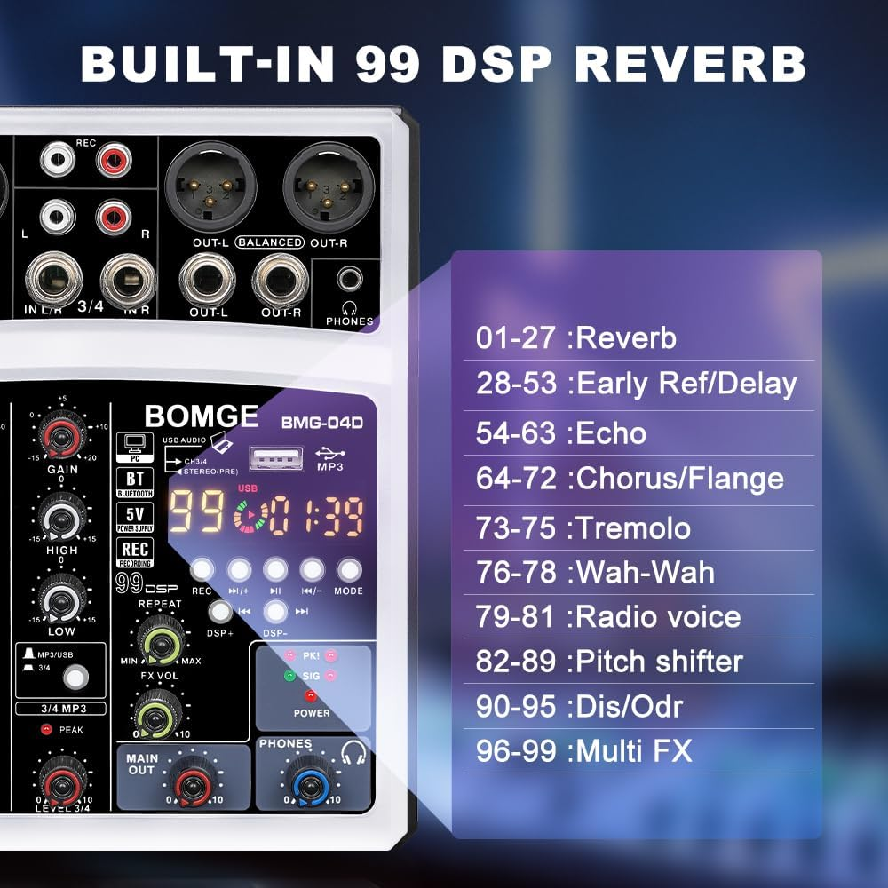 BOMGE 4 Channel 16 DSP Echo Dj Audio Sound Mixer Interface Mixing Console Karaoke with MP3 USB Bluetooth, Stereo Record(04D-White) image number 5
