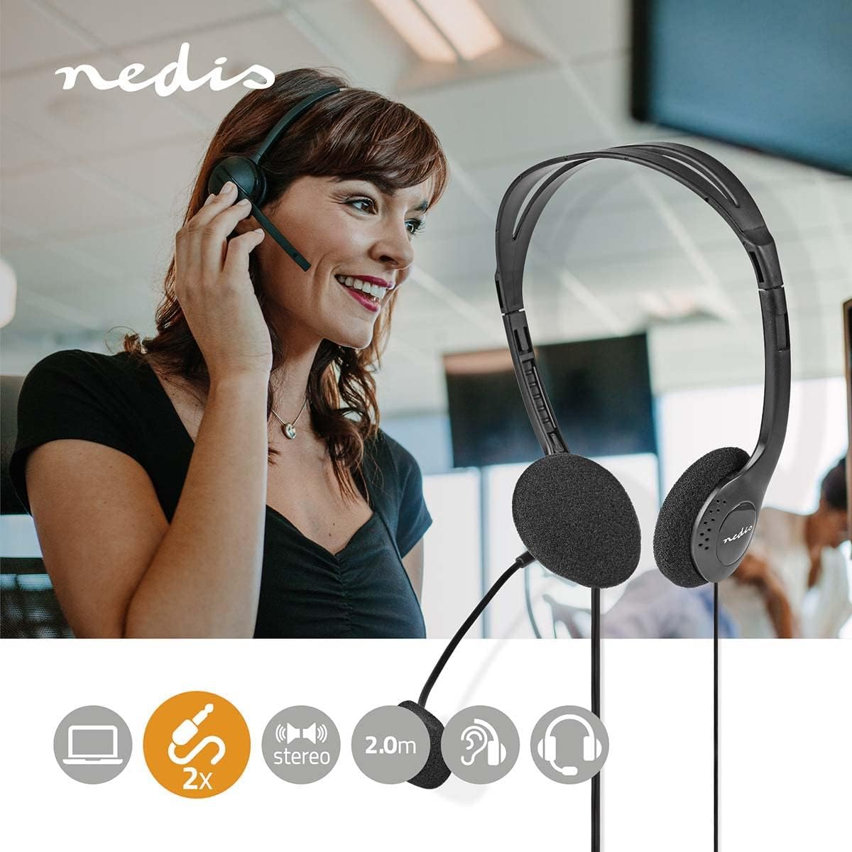 Nedis PC Headset On-Ear with Microphone & 2X3.5 Mm Input, Black image number 2