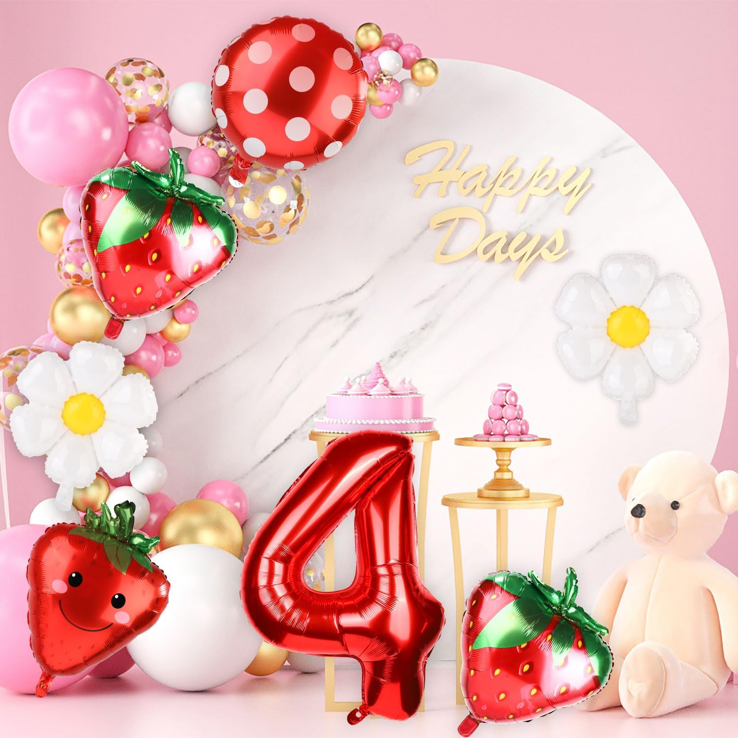 7Pcs Strawberry Party Balloons Kit, Strawberry Balloon Garland Sweet Number Strawberry Party Decorations Strawberry Foil Balloons for Birthday Backdrops (Number 4) image number 5