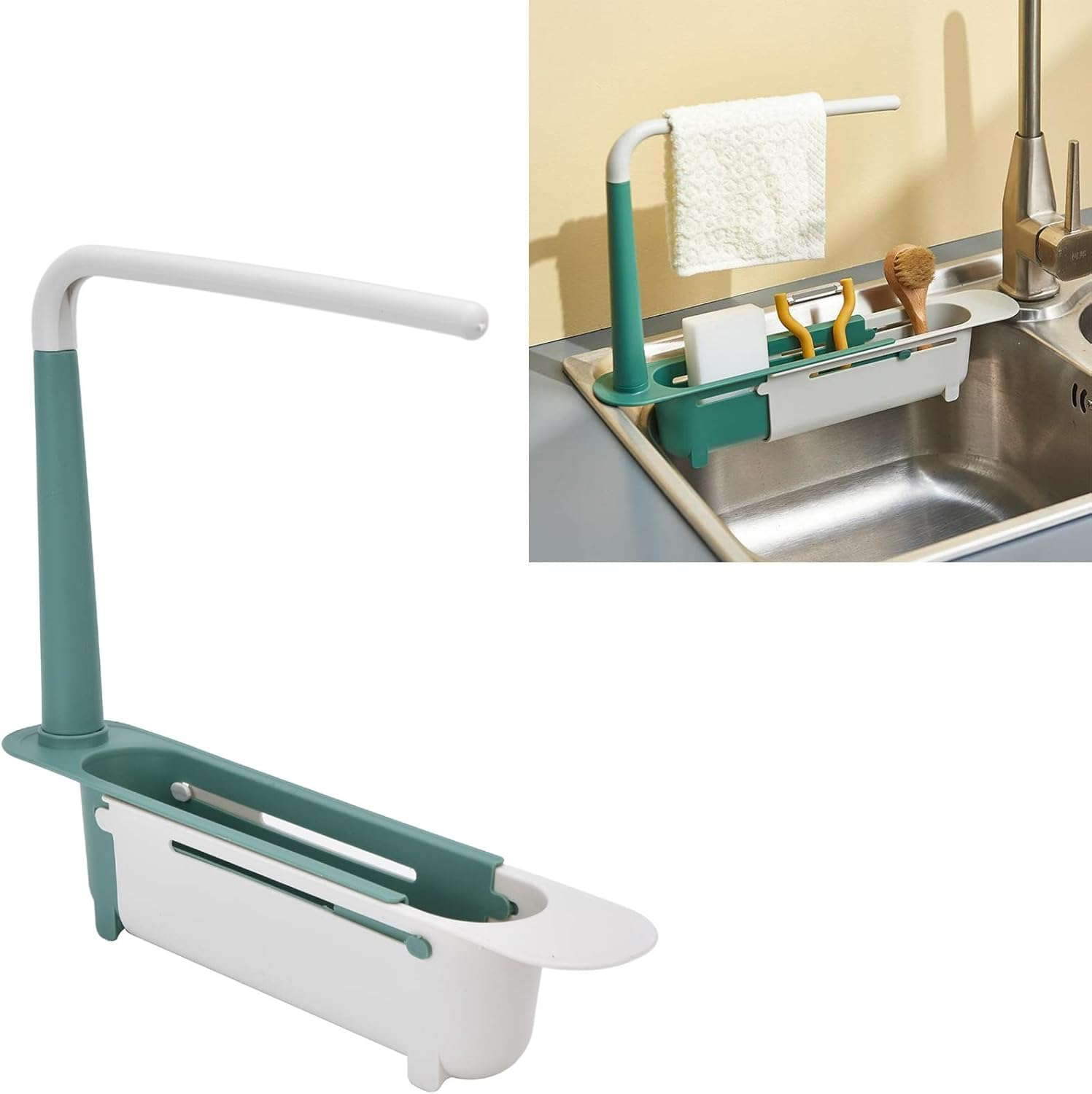 Telescopic Sink Storage Rack, Expandable Utility Farmhouse Accessories Sink Multifunctional Updated Adjustable Rollable Sponge Holder for Kitchen Dishes Cups Fruits(Green) image number 4