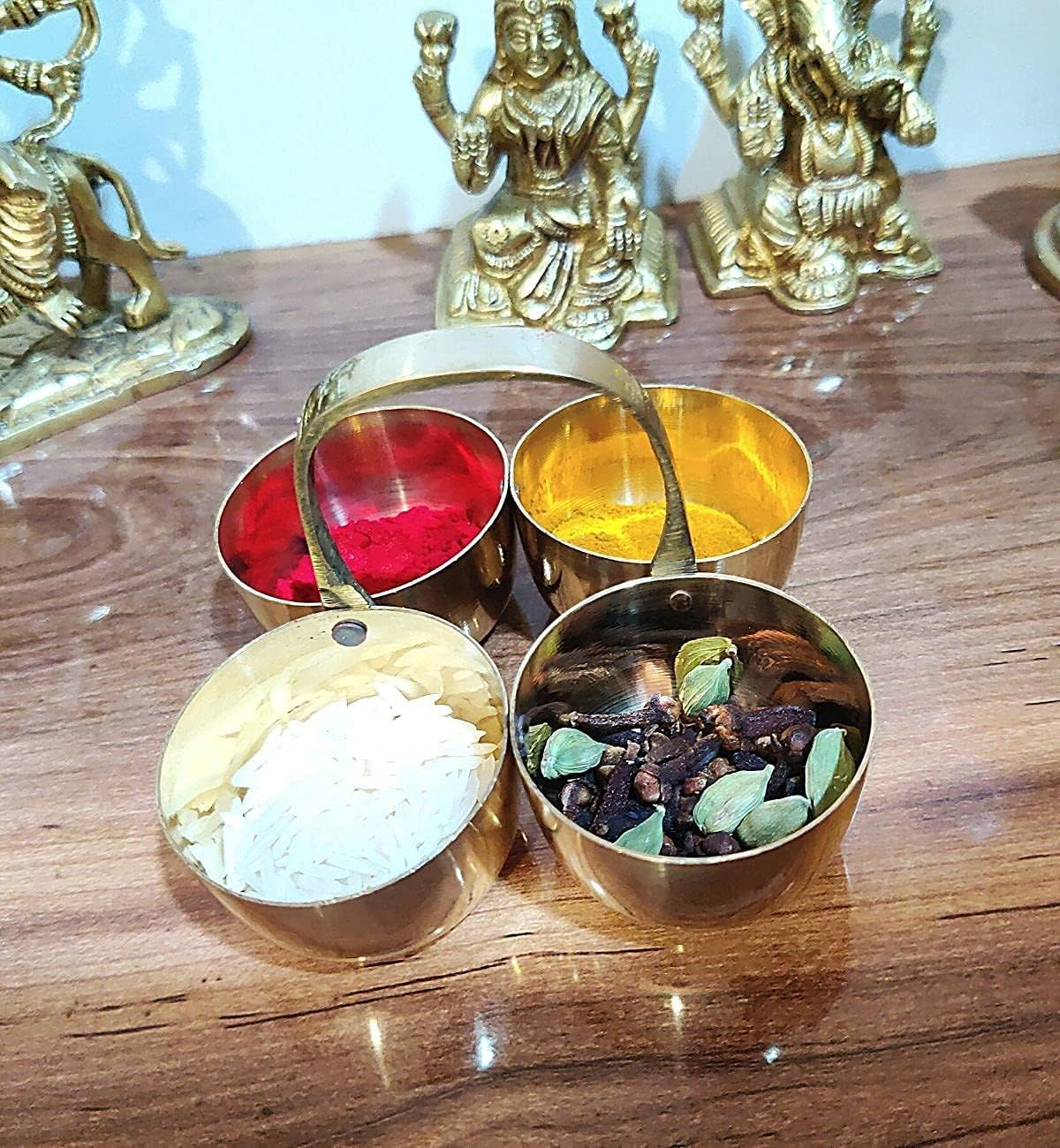 Brass Metal Chowmukh/Puja, Roli, Chawal, Mishri/Chowmukh/Patra/Haldi Kumkum Holder 4 Bowl Stand Holder (Size -3) Set of - 1 PCS (3.5 Inch 225ML) image number 2