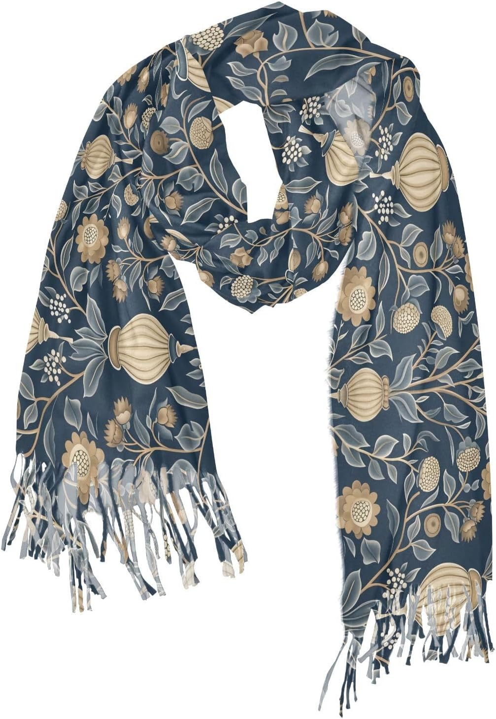 Trendy Cashmere Feel Scarf Winter Accessories for Women William Morris Style Rustic Ethnic Floral Dark Blue Bufandas Y Chales Para Mujer image number 1