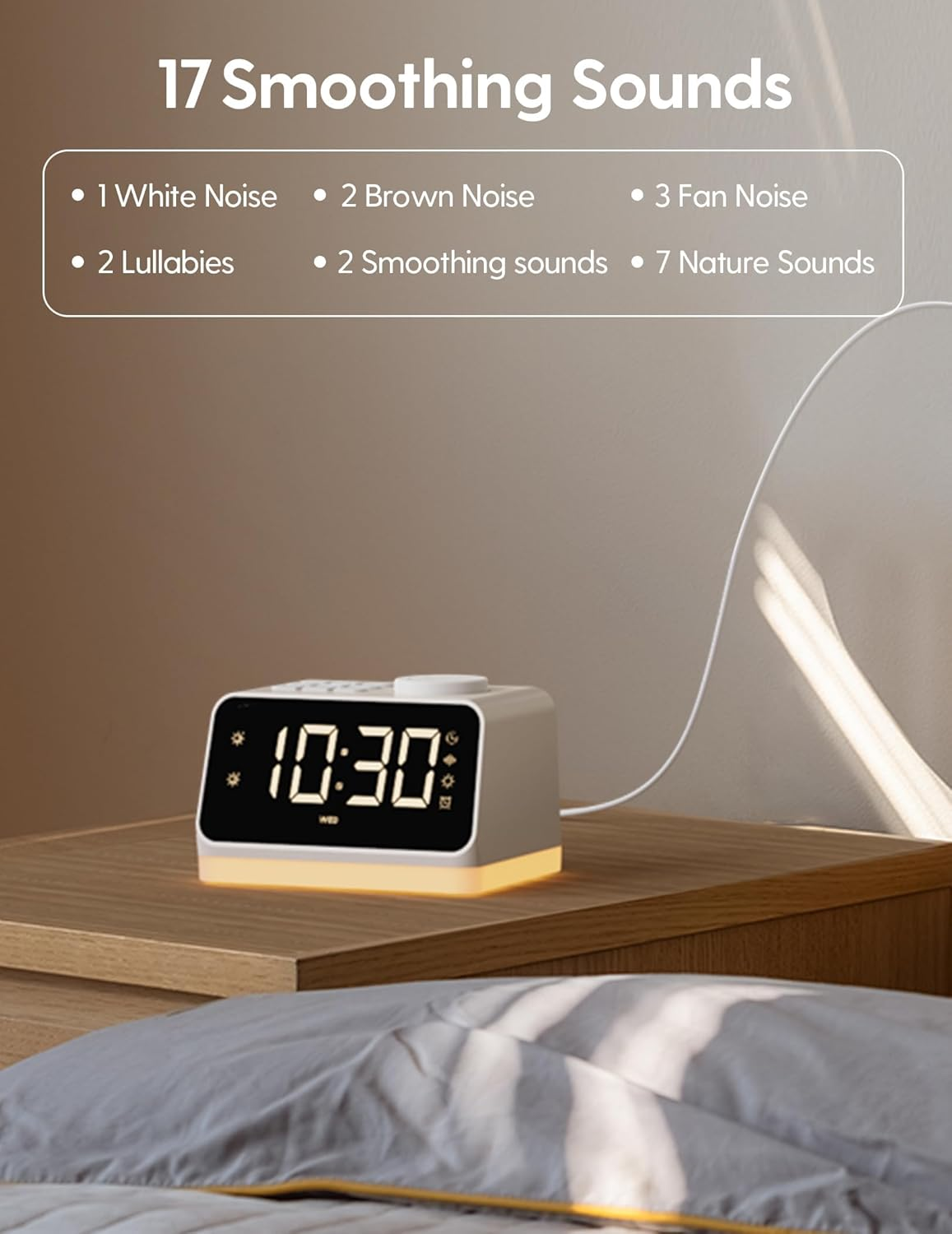 BABELIO White Noise Sound Machine & Alarm Clock, 17 Smoothing Sounds, 9 Night Light, Sleep Timer, 16-Level Volume Control, 4-In-1 Gentle Wake up White Noise Machine for Sleeping, Adults, Kids, Baby image number 2