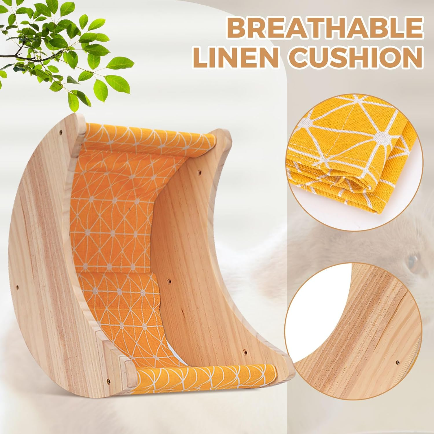 Cat Hammock Wall Mounted 3Pcs Set, Wooden Cat Wall Shelves Scratching Posts, Moon Shape Cat Perches and Cat Wall Furniture for Climbing, Playing and Sleeping - 3Pcs Cat Shelves Set image number 6