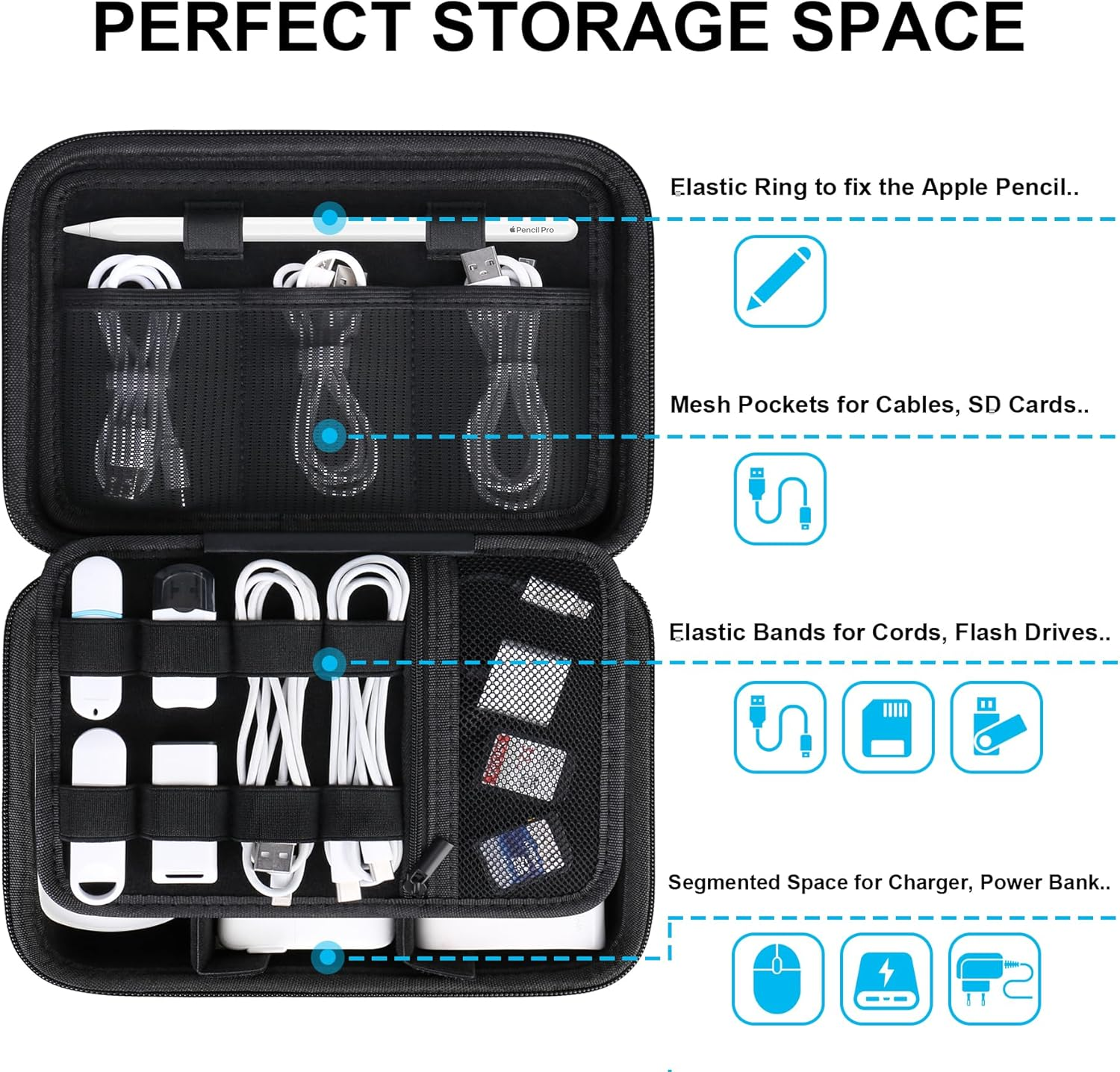 Lacdo Hard Travel Electronic Organizer Case for Macbook Power Adapter Charger, Cables, Cords, Apple Pencil, Mouse, Power Bank, USB Flash Disk, SD Cards EVA Protective Portable Accessories Bag, Black