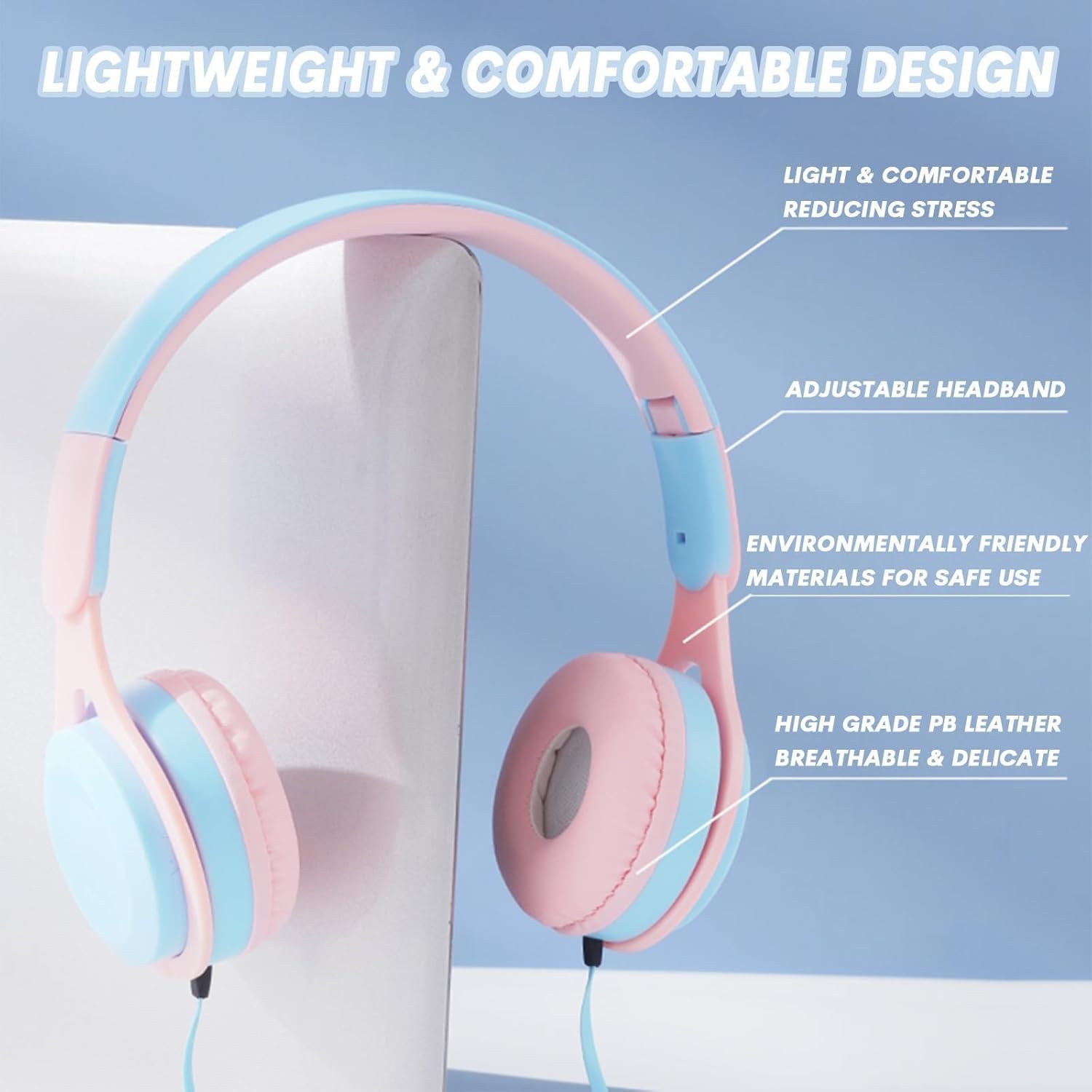 Children'S Headphones with Cable over Ear Children'S Headphones Wired Earphones Headphones for Children over Ear Adjustable Headband Foldable Adjustable Headphones with Volume Limiter for School - Pink image number 2