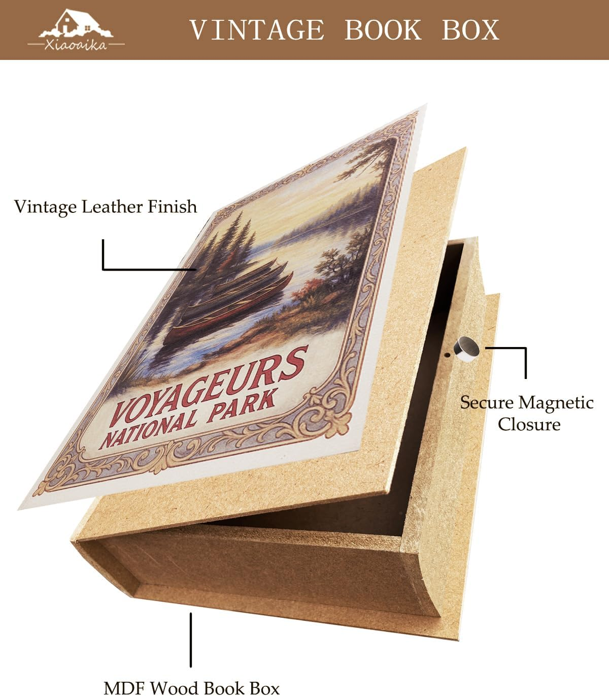 Decorative Wooden Book Box - Vintage Faux Book Boxes with National Park Design, Secret Storage with Magnetic Closure, Leather Cover, Perfect for Home Office Bookshelf (1 X Voyageurs) image number 2