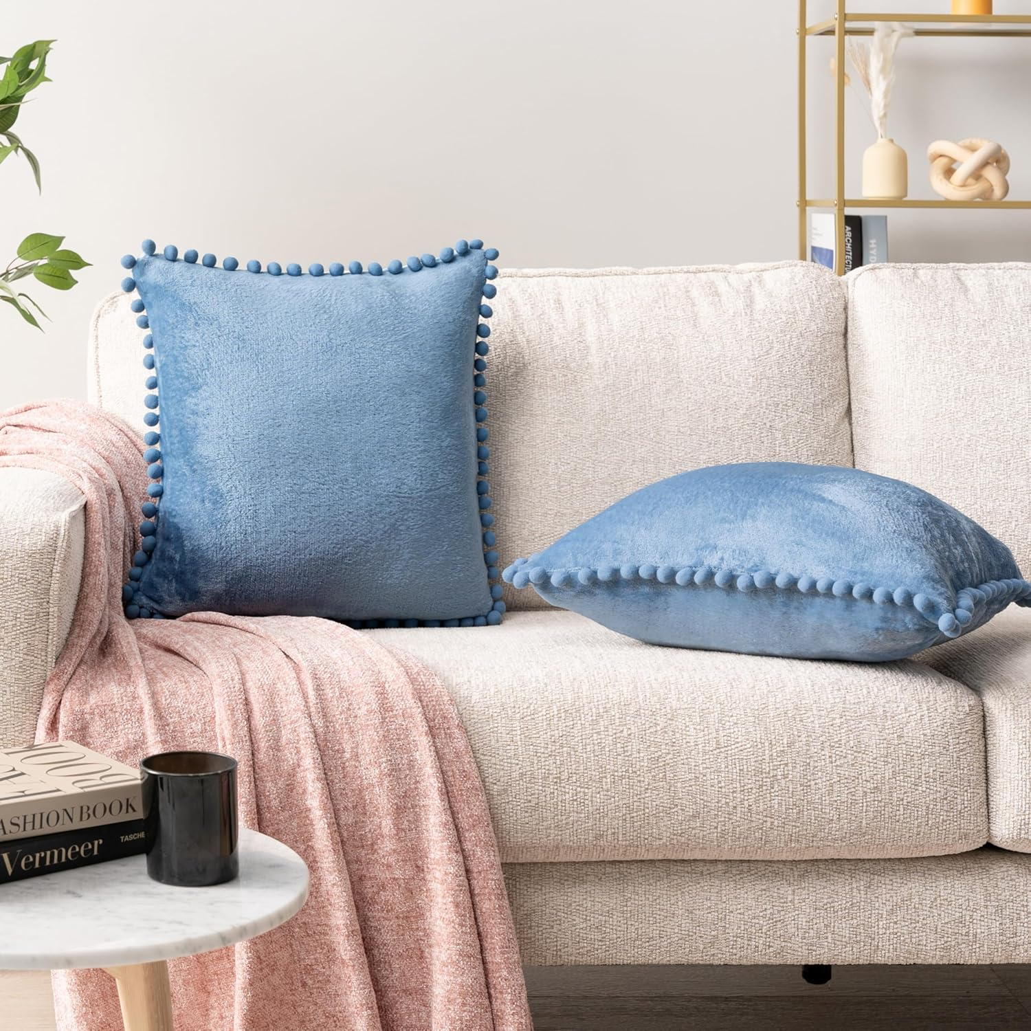 PAVILIA Dusty Blue Throw Pillow Covers Pom Pom 18X18 Set of 2, Decorative Pillow Cases Bed Sofa Couch, Boho Accent Decor Cushion Bedroom Living Room, Velvet Square Euro Sham Pompoms, Light Slate Blue image number 5