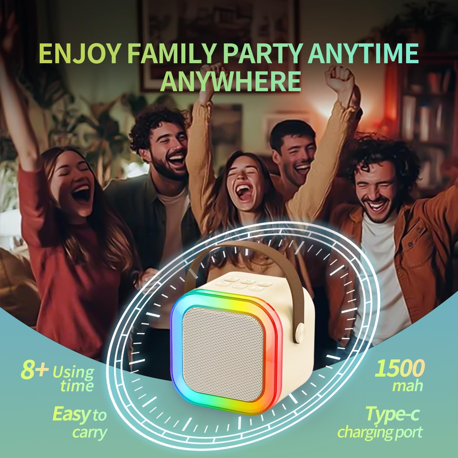 Mini Karaoke Machine for Kids Adults, Portable Bluetooth Karaoke with 2 Wireless Microphones, Home Party Karaoke Speaker Support SD Card/Usb, Birthday Gifts for Girls Boys Friends Age 3-12+ (Beige) image number 5