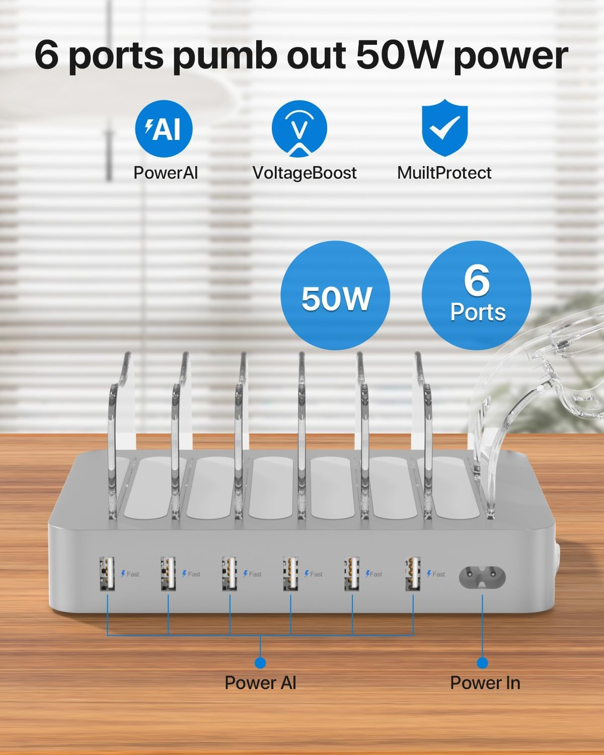 Soopii Premium 6-Port USB Charging Station Organizer for Multiple Devices, 6 Short Charging Cables and One Upgraded I-Watch Charger Holder Included, for Phones, Tablets, and Other Electronics,Silver - Silver image number 5