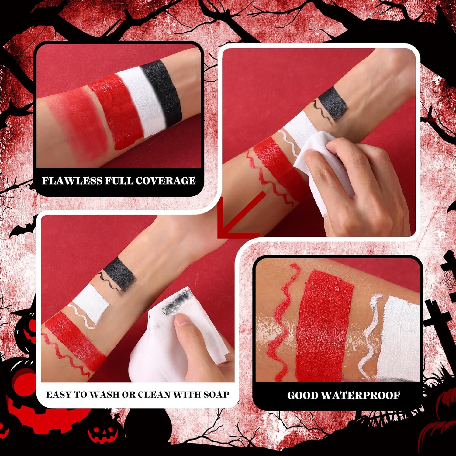 VANERIA Clown Makeup Halloween, Black White Red Cream Face Body Paint for Halloween, SFX Makeup Set with Vampire Teeth & Fake Blood, Clown Art Theater with Brushes image number 1