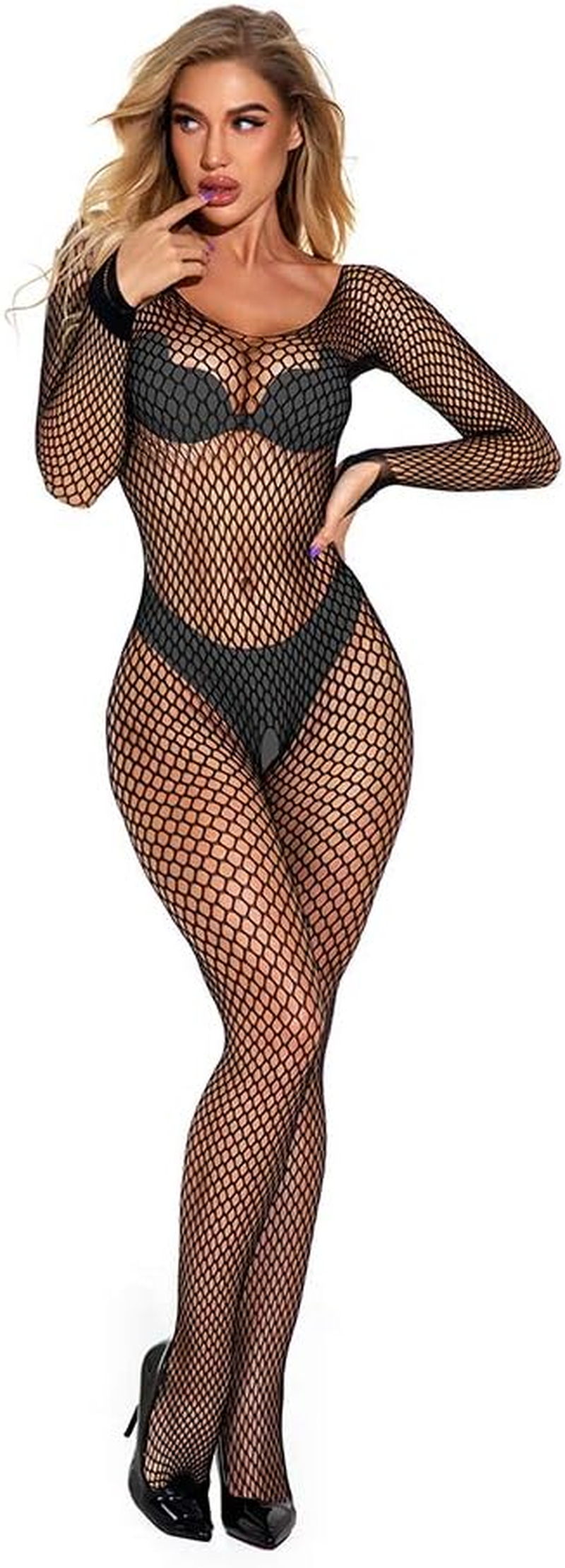 Czizitong Mesh Fishnet Lingerie Thigh High Stockings Teddy Bodysuit Lace Babydoll Sexy Lingerie for Women - Black image number 2
