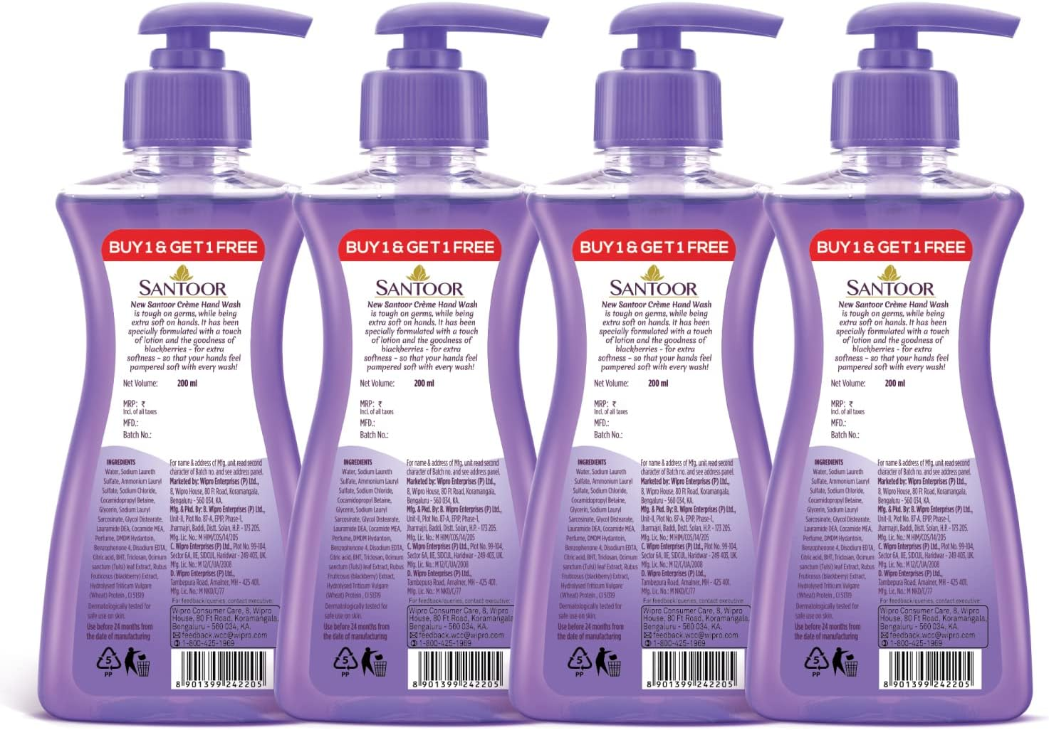 Santoor Cr&egrave;me Handwash 200Ml, Pack of 4 with Touch of Lotion| Made with Berries & Tulsi| Rich Lathering Formula with Anti-Bacterial Properties| Soft on Hands| Soothes & Hydrates Skin image number 5