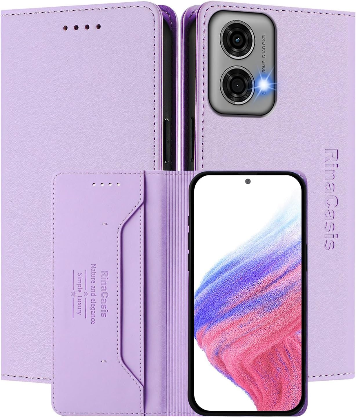 MOJIA Motorola Moto G24 / G04S / G04 / E14 Case, Drop and Scratch Resistant Premium PU Leather Folio Wallet Phone Case [Magnetic Closure]. Light Purple image number 3