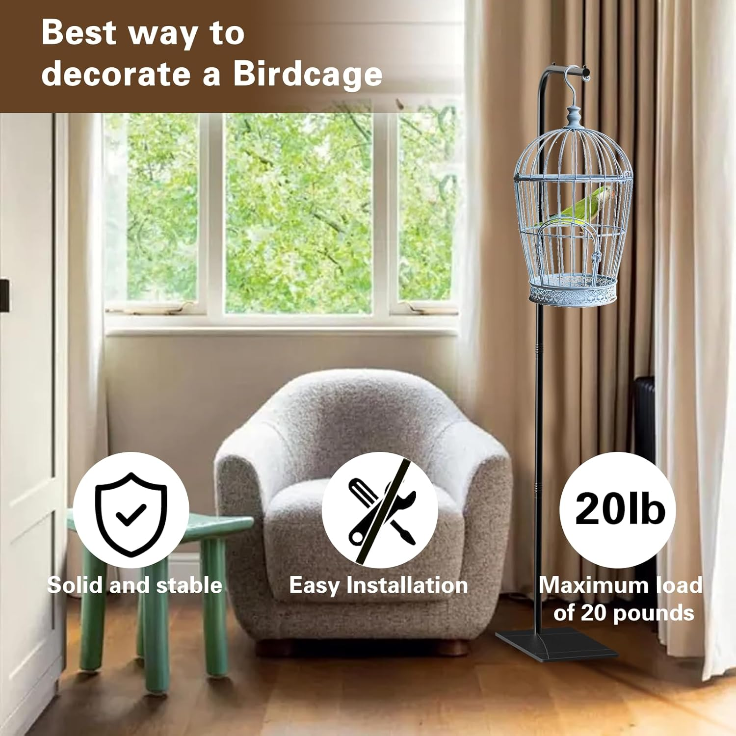 Dealsgogo Bird Cage Stand, Tubular Steel Hanging Bird Cage Stand Black, Hanging Plant Stand image number 1