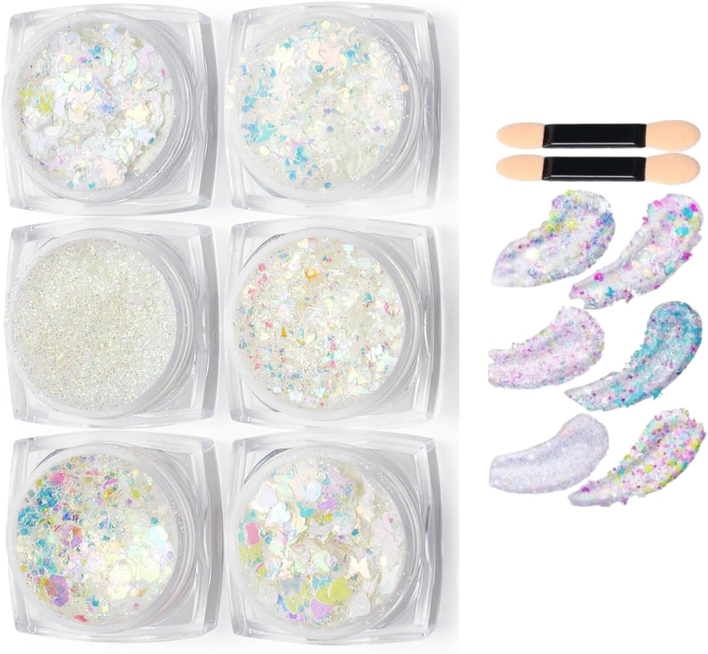 Face & Body Glitter Gel Set &ndash; 6 Shapes Iridescent White Glitter for Festival Makeup, JOMWEN Rave, Halloween, Parties & Mermaid Looks &ndash; Easy Apply Hair & Skin Glitter (White, 6 PCS) image number 3