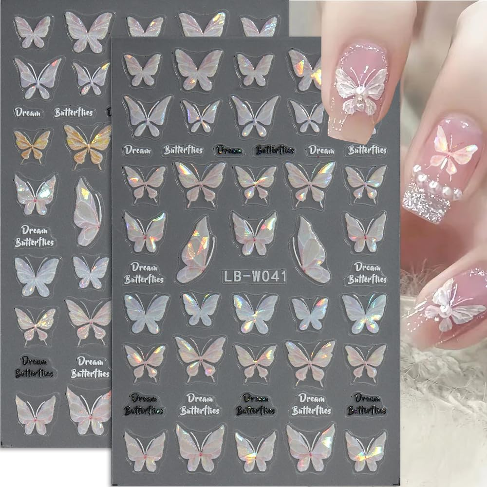 2Sheets Nail Art Stickers, 3D Self-Adhesive Holographic Butterfly Nail Design image number 3