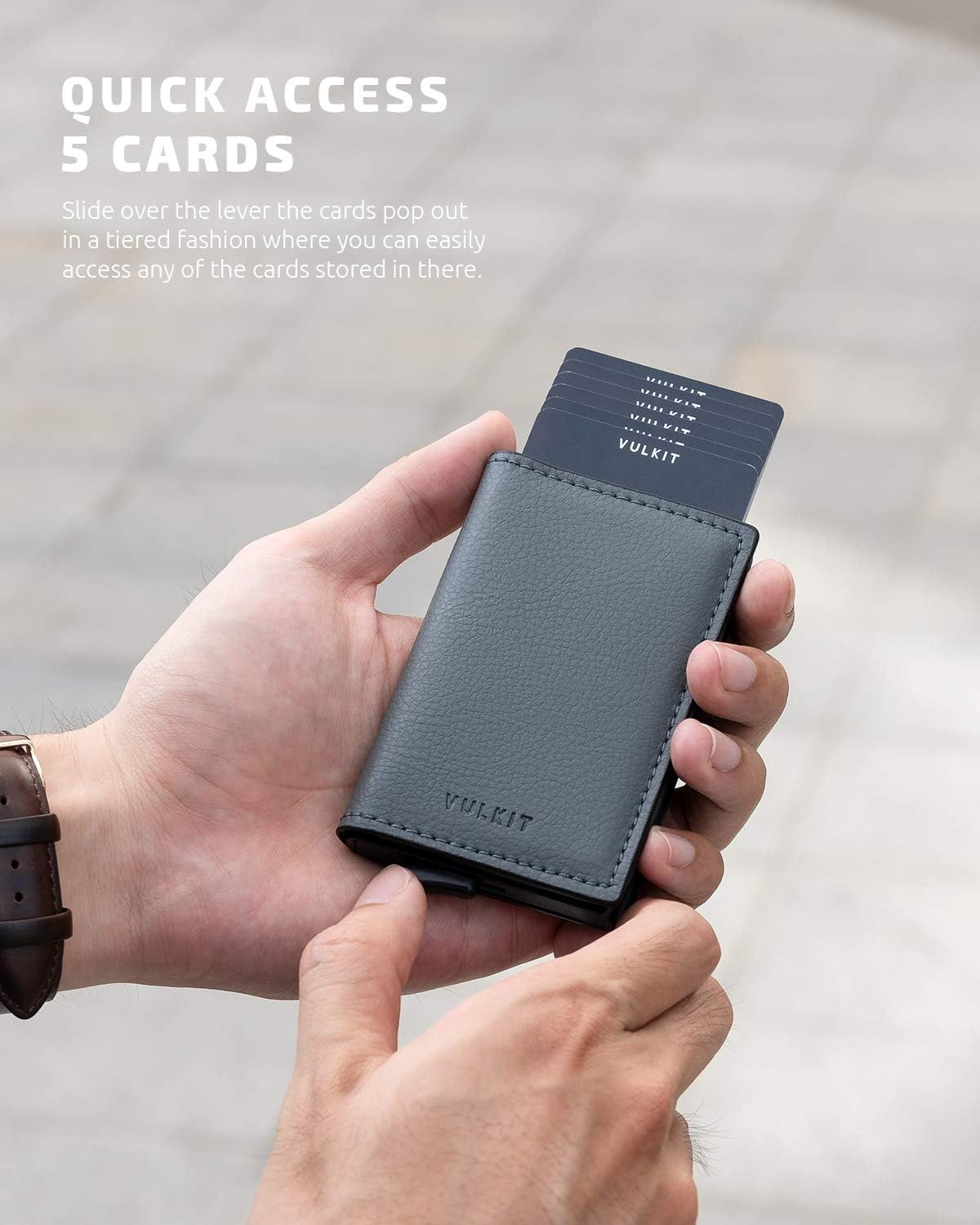 VULKIT Credit Card Holder RFID Blocking Leather Automatic Pop up Wallet Aluminum Slim Pocket Bifold Business Card Case