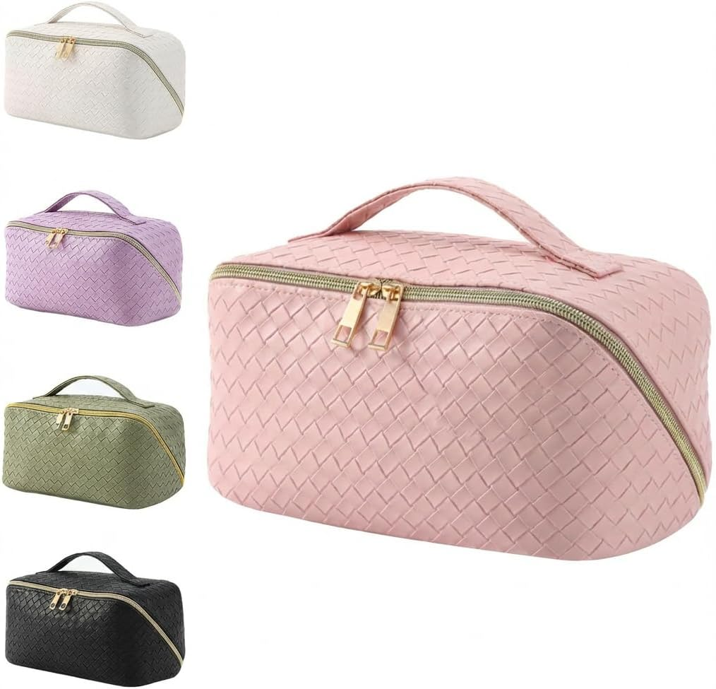 Large Capacity Makeup Bag with Handle & Dividers | Wide-Open Waterproof Travel Cosmetic Organiser for Women Toiletry Bag for Makeup Brushes & Beauty Essentials (Green)