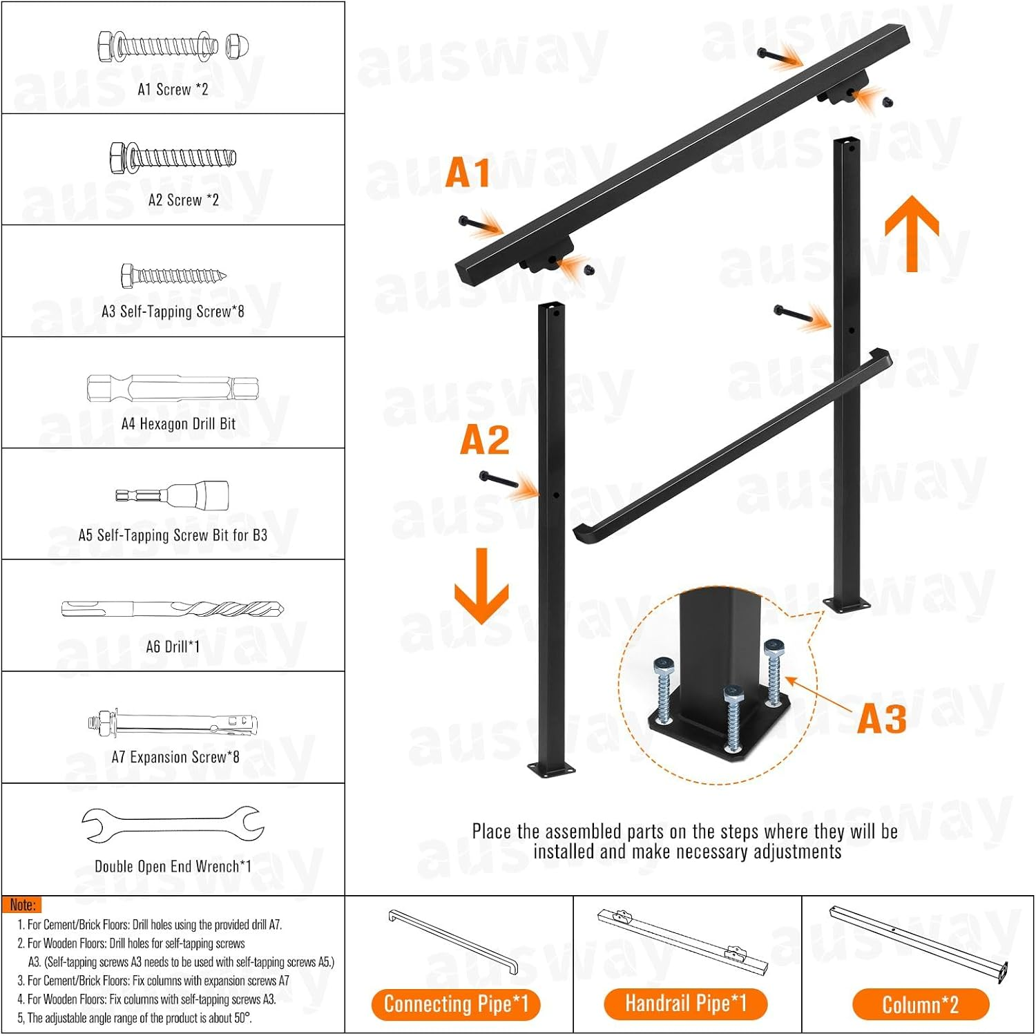Stair Handrail Railings 3 to 4 Steps Adjustable Safety Metal Guard Hand Rails Kit for Outdoor Staircases Decks Porches Black image number 3