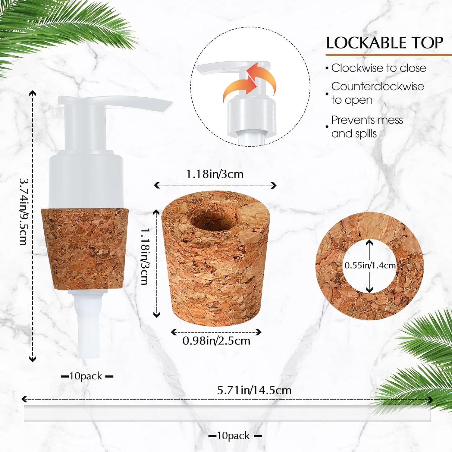 Tioncy 10 Pcs Soap Dispenser Pump with Cork Stopper Easy Press in Replacement Soap Pump Dispenser for Bottles Mason DIY Soap Lotion Jars (White)