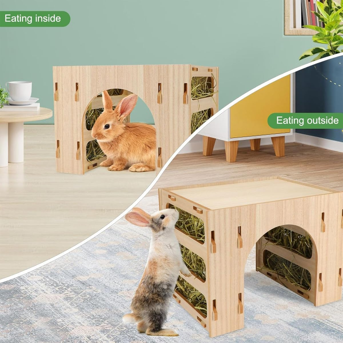 AIMALL Three-In-One Wooden Hay Feeder Bunny Tunnel Hideout Villa for Rabbit Guinea Pig Hamster, Pet Feeding Station with Hay Rack and Shelter, Easy to Clean image number 5
