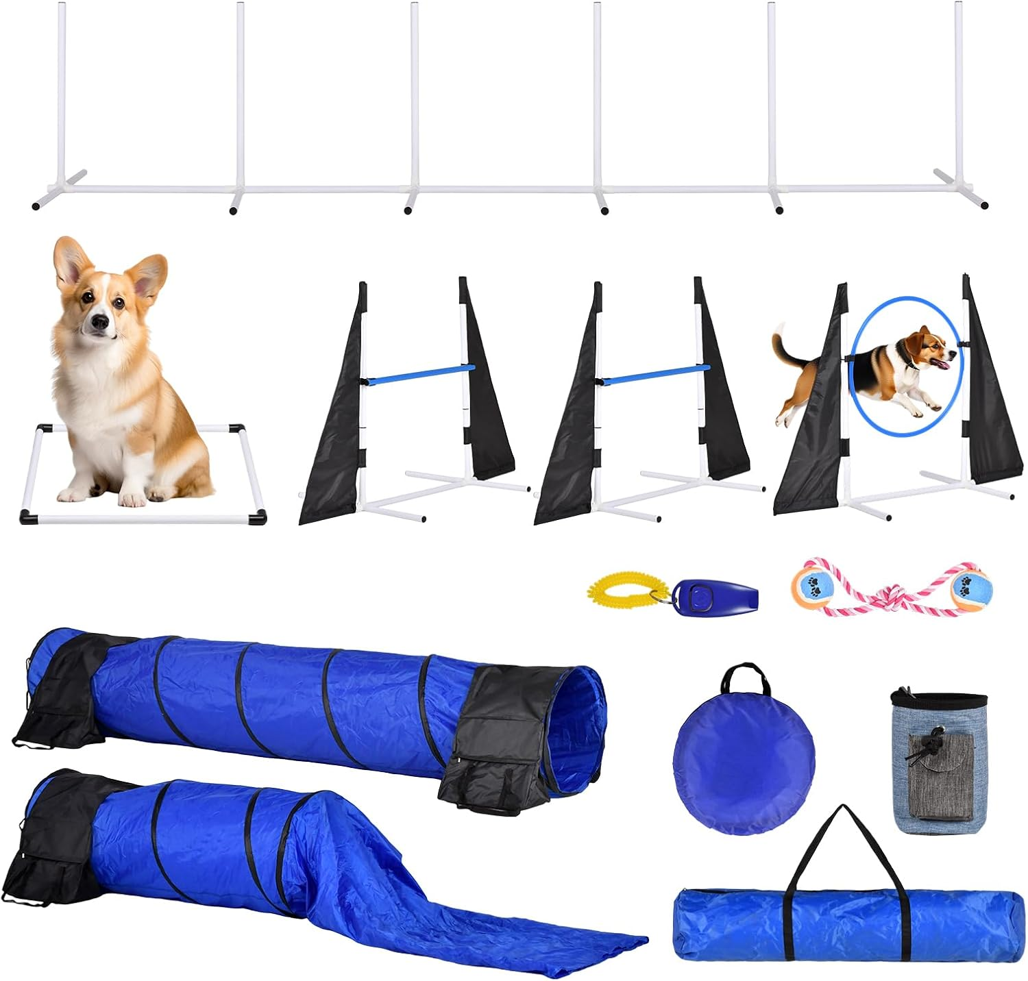 Advwin Dog Agility Training Equipment, Puppy Obstacle Course Kit Outdoor Game with Tunnel, Agility Hurdle, Weave Poles, Jump Ring, Pause Box, Toy Balls and Storage Bag