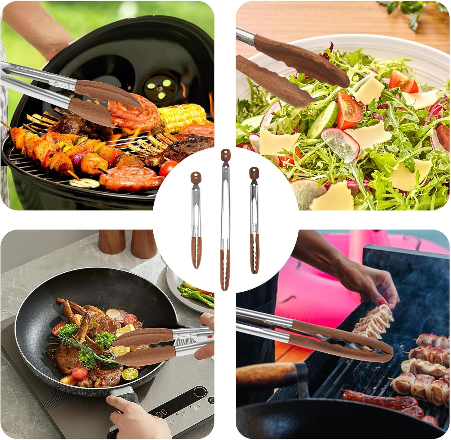 Wooden Tongs for Cooking, 15 & 11.5 & 9 Inch Kitchen Salad Utensils Tongs with Hanging Hole and Pull Lock, Heat Resistant Ergonomic BBQ Food Tong for Restaurant Home Kitchen image number 6