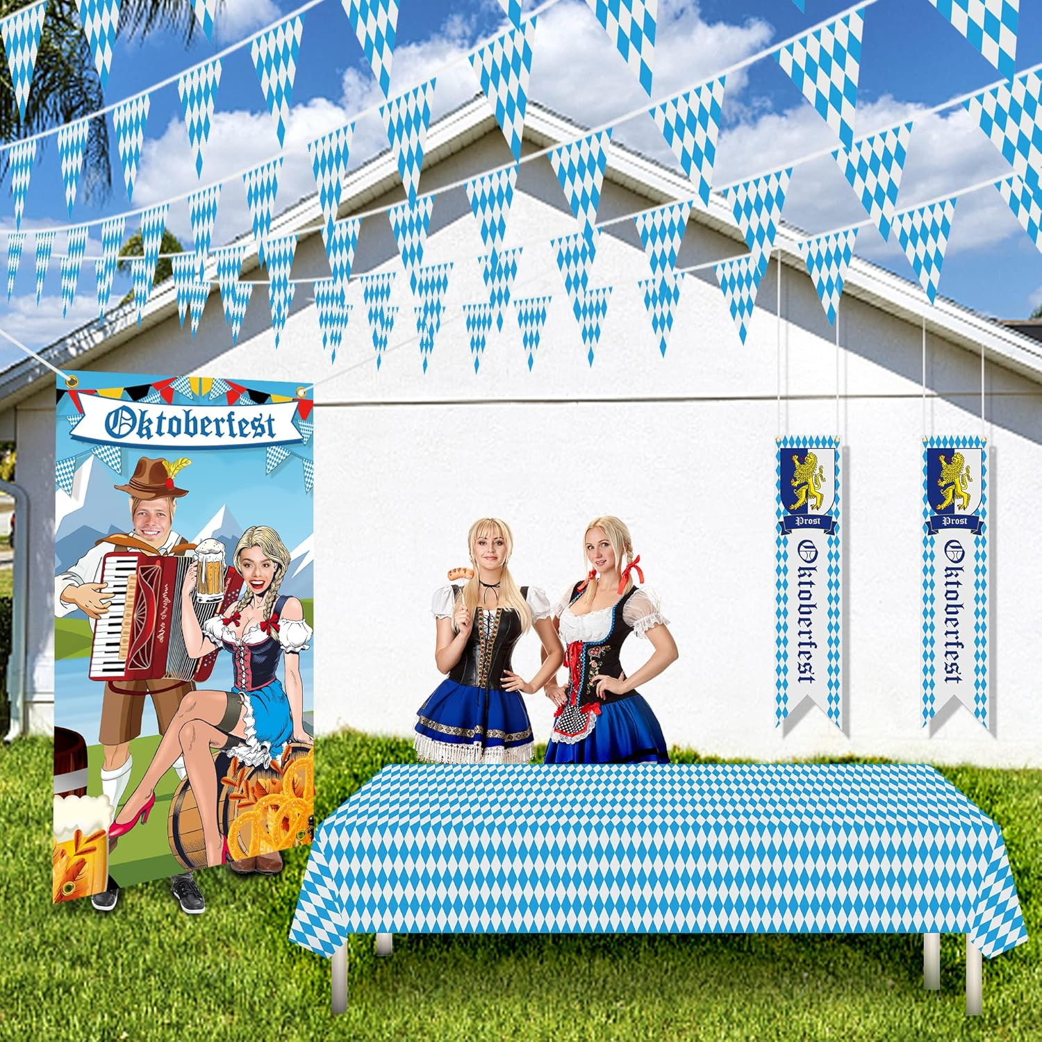 Oktoberfest Decorations, 5Pcs Octoberfest Party Decor Kit Bavarian Tablecloths Oktoberfest Flags Sign Banner Photo Backdrop, Octoberfest Home Yard Favor Decor Set for German Themed Beer Festival Party image number 5