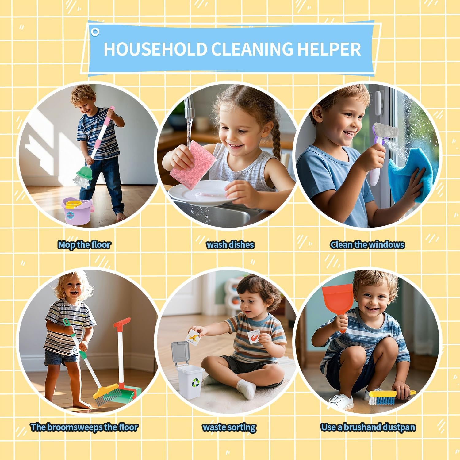 Detachable Kids Cleaning Toy Set - Broom, Mop, Dustpan, Brush, Rag Play, Housekeeping Kit, STEM Really Clean Toys Educational Toddler Pretend Play Toy Gift for Boys Girls-15Pcs image number 4