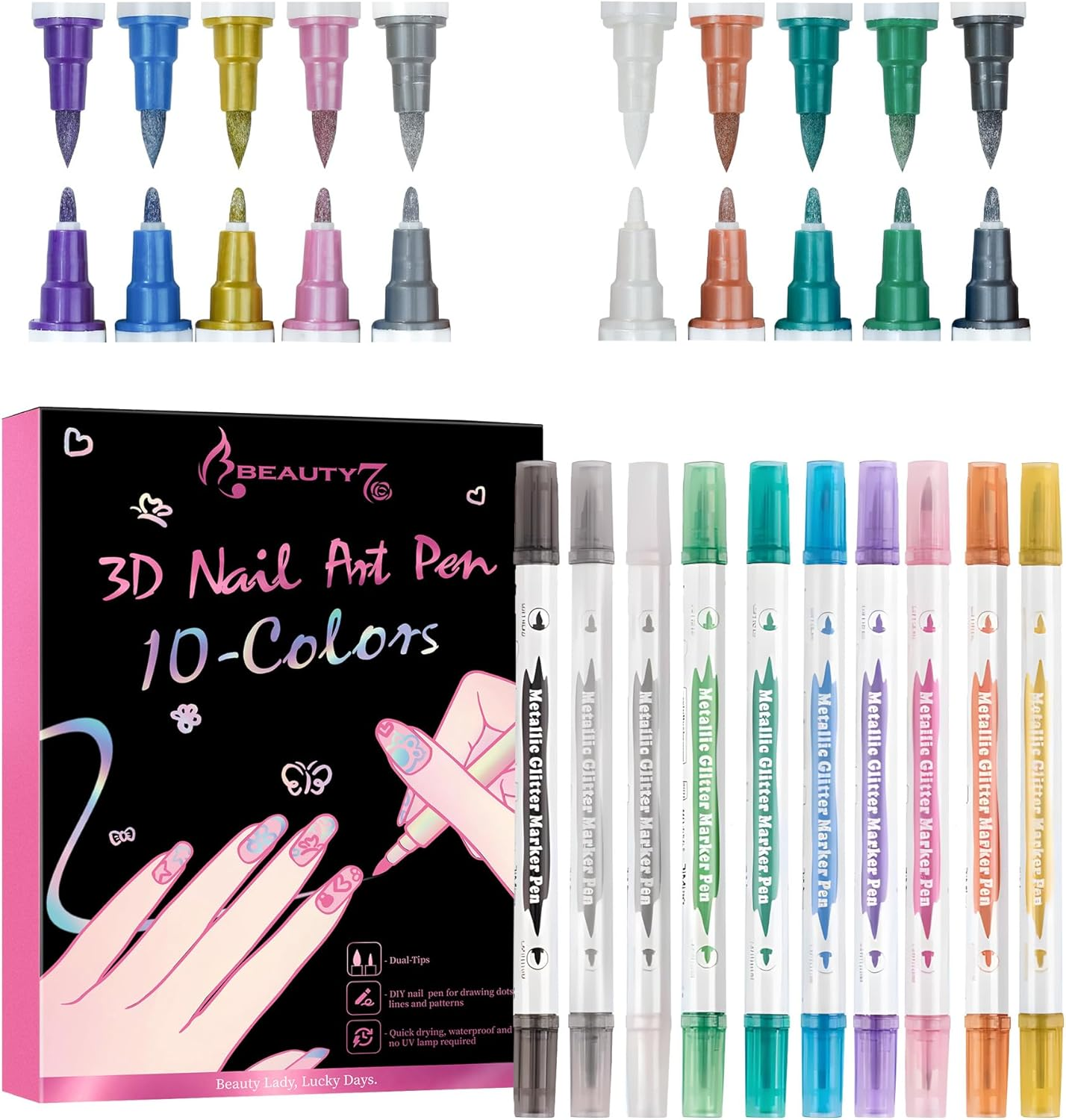Beauty7 Nail Art Pens Set 10 Color 3D Nail Polish Pens Glitter Dual Tipped Nail Art Pen Drawing Liner Graffiti Dotting Painting Pen Liner Brush Acrylic for DIY Nail Art Beauty image number 1
