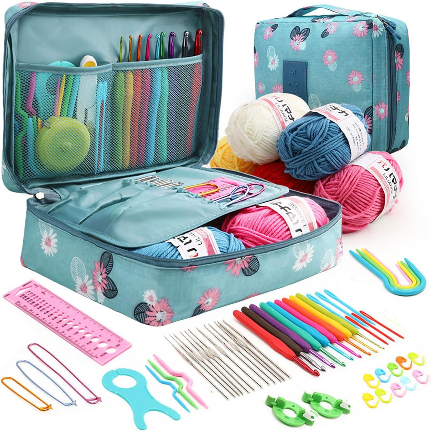GIOD 59 Piece Crochet Set for Beginners, a Full Set of Knitting Tools, Hook Needle Storage Bag, Crochet Kits Include Yarn, Ergonomic Crochet Hooks, Lace Steel Needles, Wool Group and Bag (Blue) image number 3
