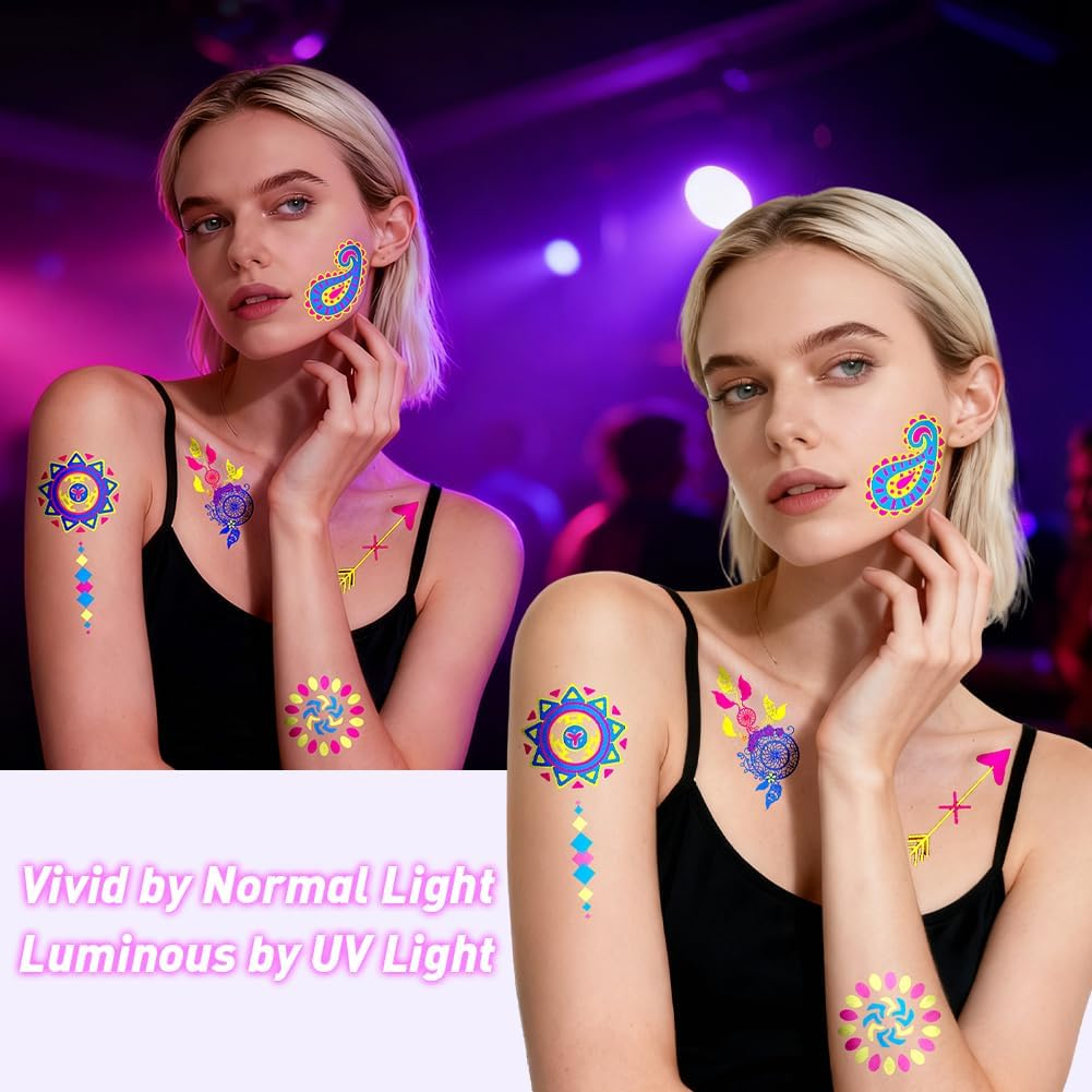 LOPHE Neon Tattoos, 24 Sheets Neon Face Tattoo for Sticking, Waterproof Glitter Tattoo, Black Light Make-Up under UV, Neon Party Accessories, Halloween, Carnival, Festival image number 5