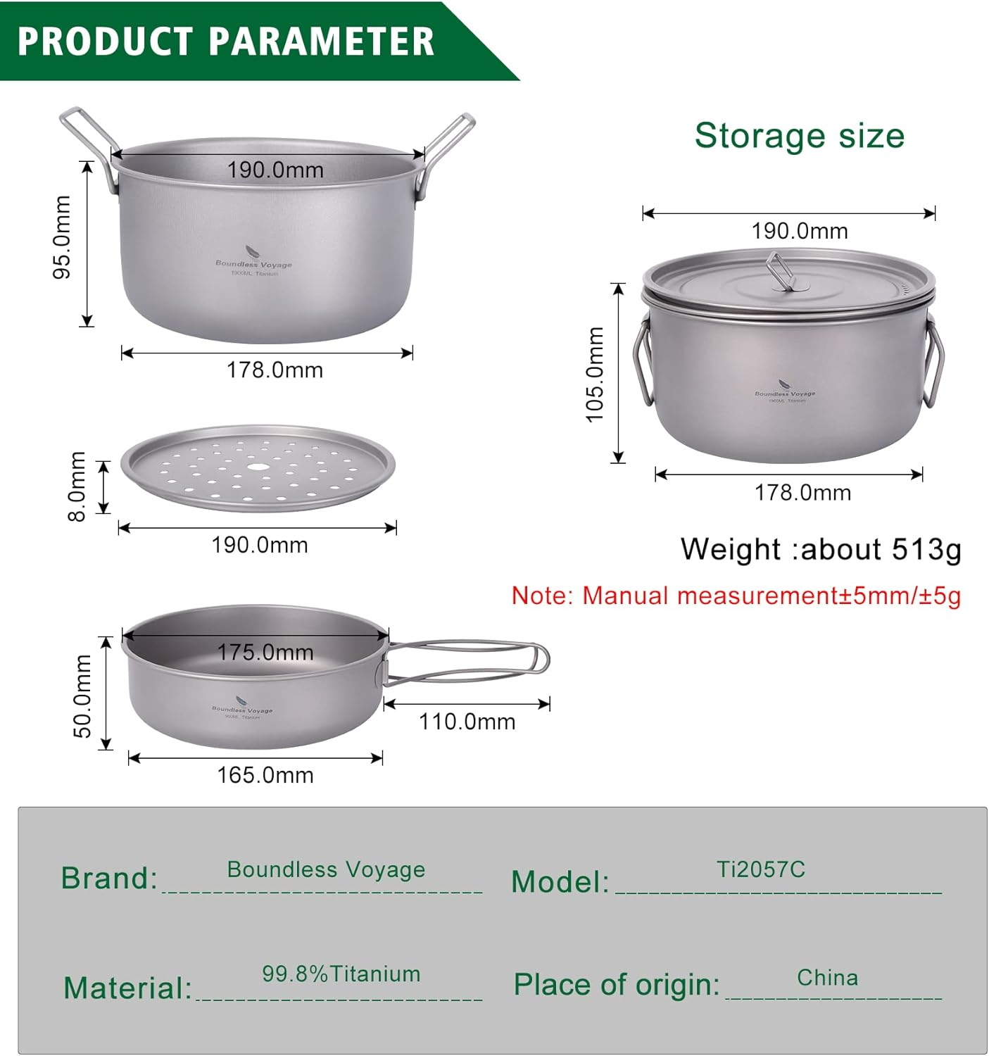 Boundless Voyage Titanium 1.9L Pot with 900Ml Frying Pan Set with Lid Multifunctional Steamer Stockpot Outdoor Camping Picnic Ti2057C image number 1