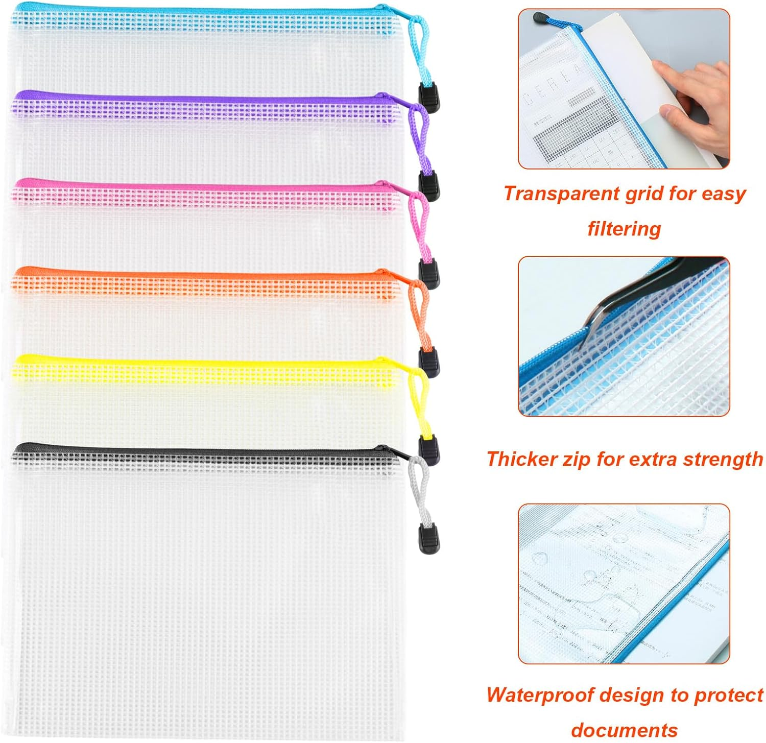 12 Pcs A4 A5 Plastic Zip Wallets, Document Folders, Mesh Zipper Bags, Waterproof Zip Plastic Wallets, Zip Lock Bags for Travel Home Office Supplies Craft Projects(6 Colors) image number 1