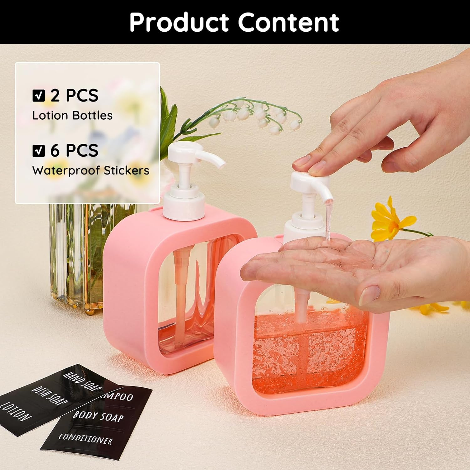 Segbeauty Shampoo and Conditioner Dispenser, 2Pcs 500Ml Dishwashing Liquid Dispenser, Pump Bottle with Labels, Empty and Refillable, in Plastic (Pink) image number 1