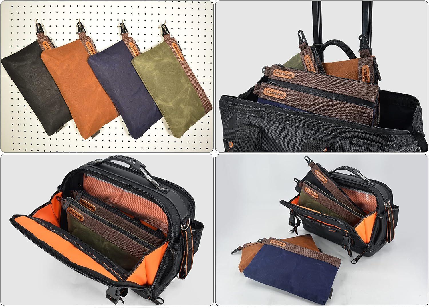 WELKINLAND 4PCS Heavy-Duty Canvas Tool Pouches, 12" Waterproof Waxed Canvas Zipper Tool Pouch Set, Black/Olive/Navy/Brown image number 6