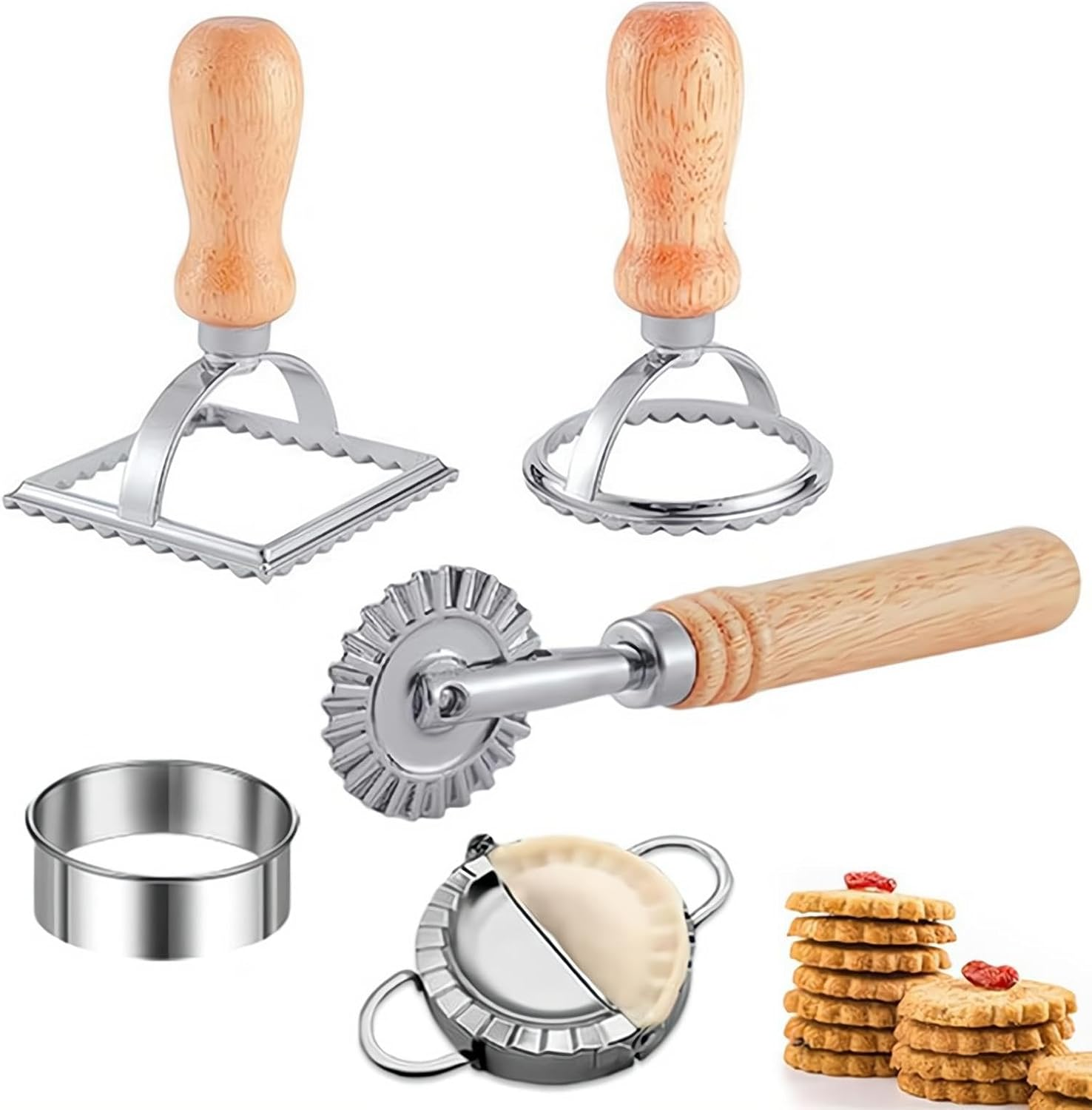 Ravioli Stamp Maker Cutter with Roller Wheel Set of 5, Wooden Handle Ravioli Maker Cutter with Roller Wheel, Pasta Press Wheel Dumplings Maker Tools image number 3