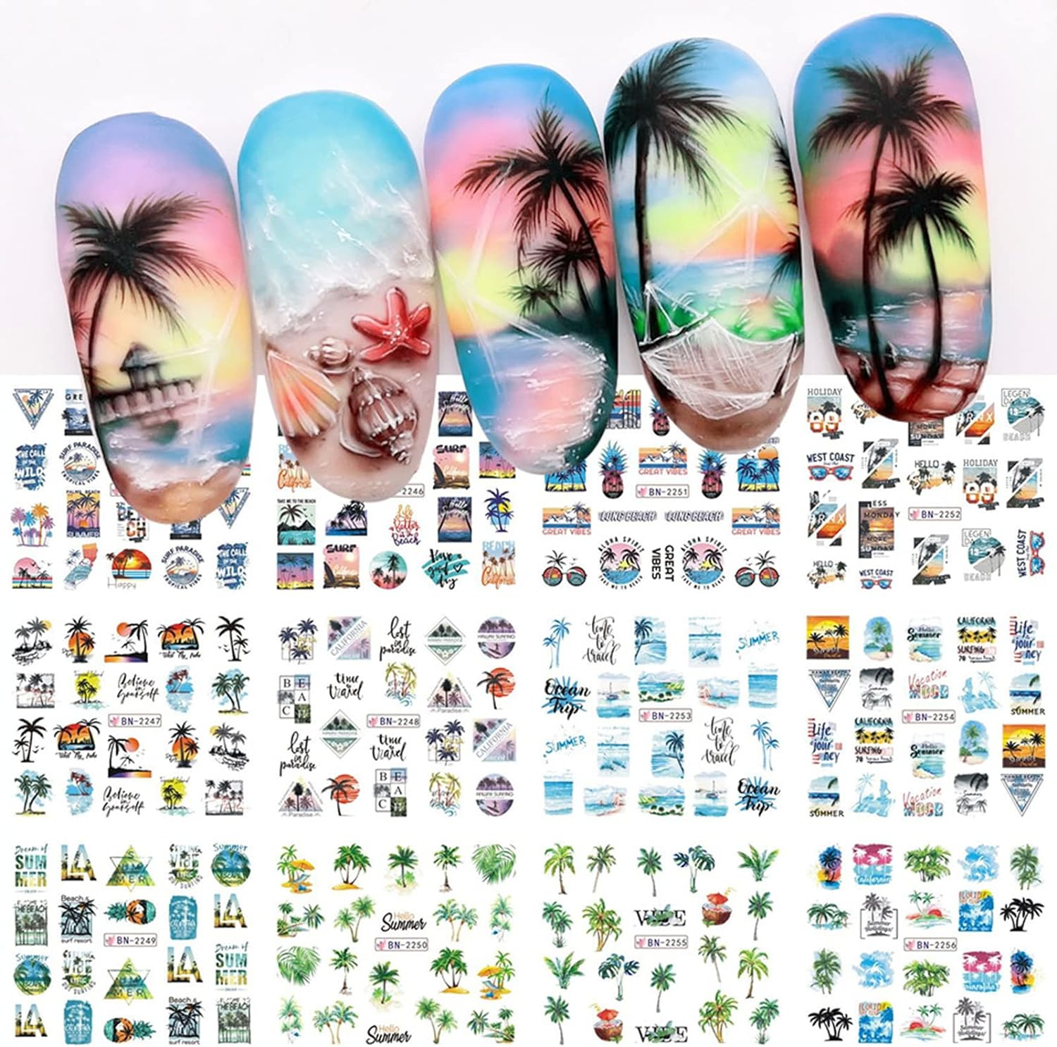 Coconut Trees Nail Art Stickers Summer Beach Nail Decals Stickers for Nail Art Plam Tree Tropical Style Nail Art Water Transfer Decals Sliders for Summer Nails Art Decoration Supplies Manicure Tips image number 4