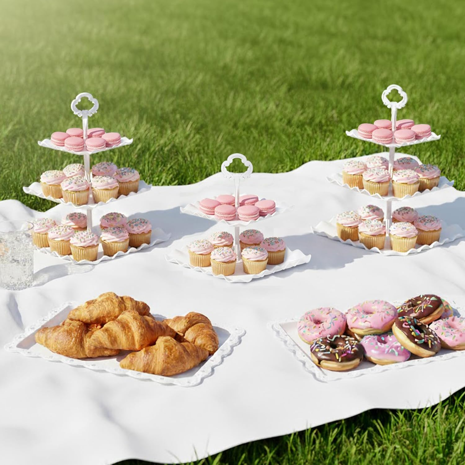 NWK 5 Piece Cake Stand Set with 2Xlarge 3-Tier Cupcake Stands + 3X Appetizer Trays Perfect for Wedding Birthday Baby Shower High Tea Stands Party Suplies（Round