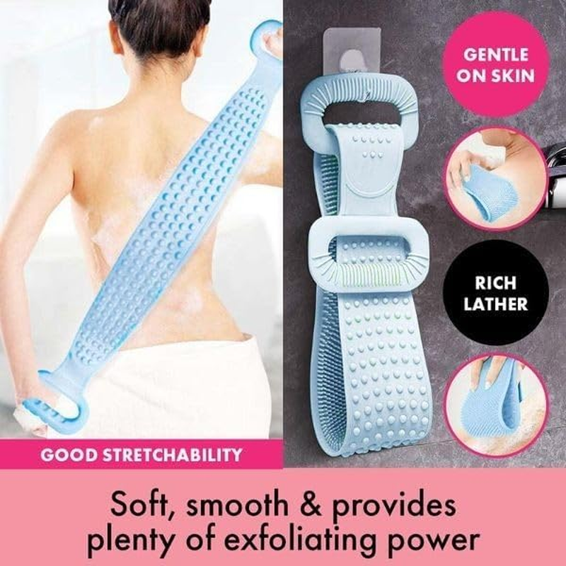 Swosh Silicone Exfoliating Back Strap & Scrub with Handles, Blue/Pink, 11.5 Cm X 63 Cm Size