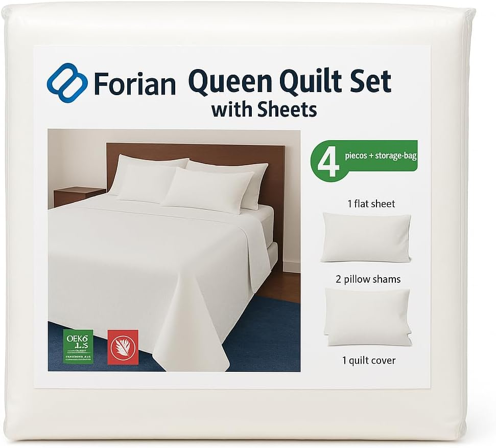 Forian - 100% Cotton - Anti-Bacterial - Duvet Cover Set - 4 Pcs, 1 Duvet Cover, 2 Pillowcases and 1 Flat Sheet - Hotel Luxury, White Style,Single/Double/Queen/King Size (Queen (U.S. Standard))