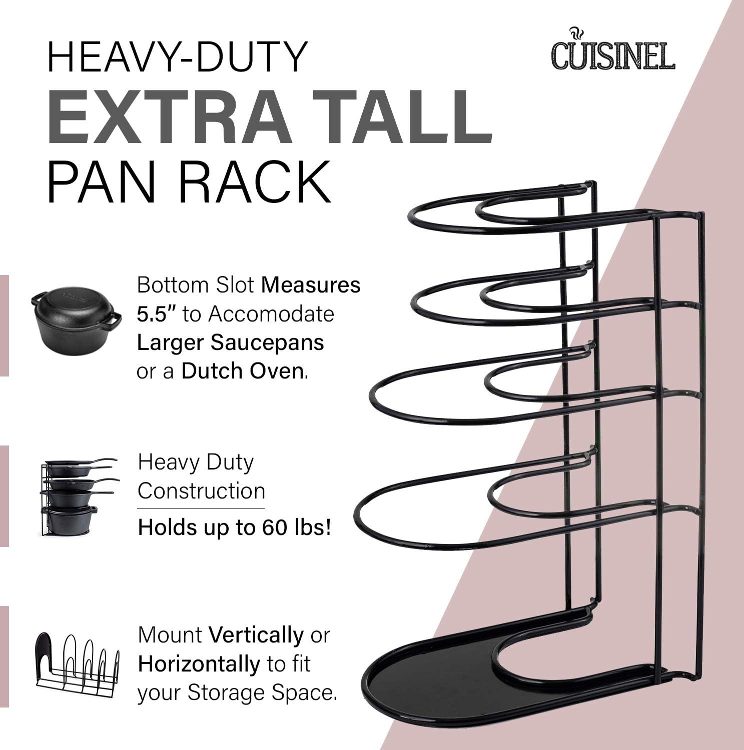 Heavy Duty Pan Organizer, Extra Large 5 Tier Rack - Holds a Dutch Oven - Durable Steel Construction - Space Saving Kitchen Storage - No Assembly Required - Black. 15-Inch image number 4