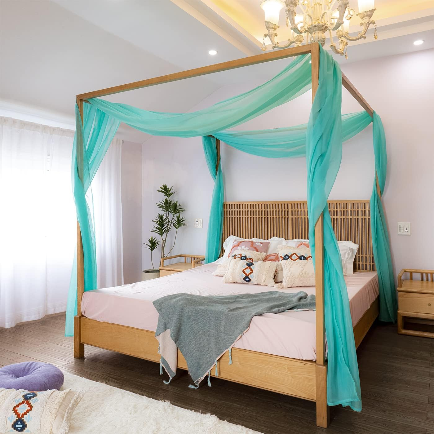 Linentalks Turquoise Canopy Bed Curtains for King & California King Bed, Aqua Blue Canopy Bed Scarf, Sheer Valance Drapes, Four Poster Drapery, 1 PC 52X256 image number 3
