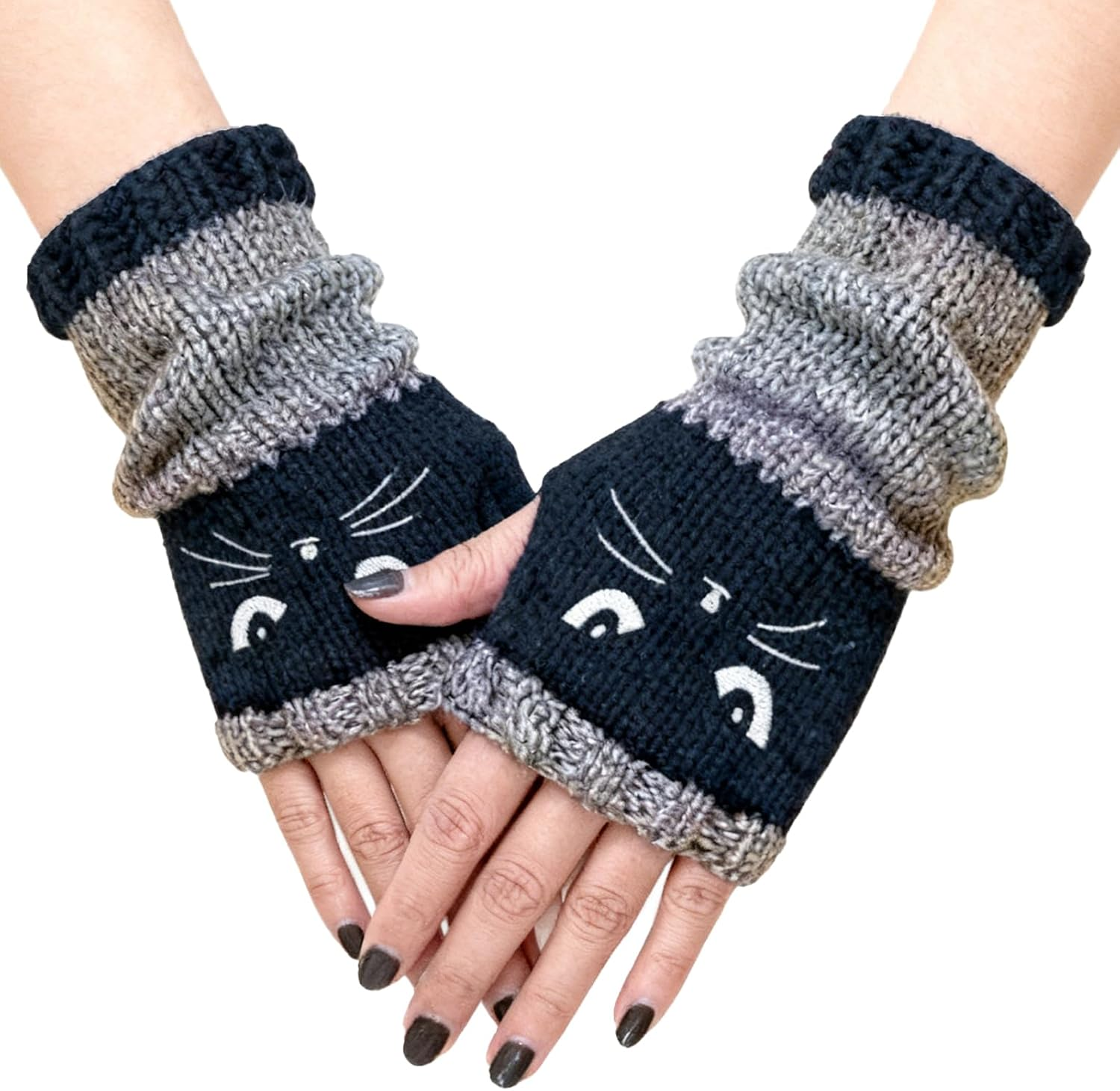 Cat Embroidery Patchworks Knitted Gloves, Cat Embroidery Outdoor Warming Supplies,Fashionable Fingerless Casual Women'S Gloves for Cats Lovers Women Girls Ladies
