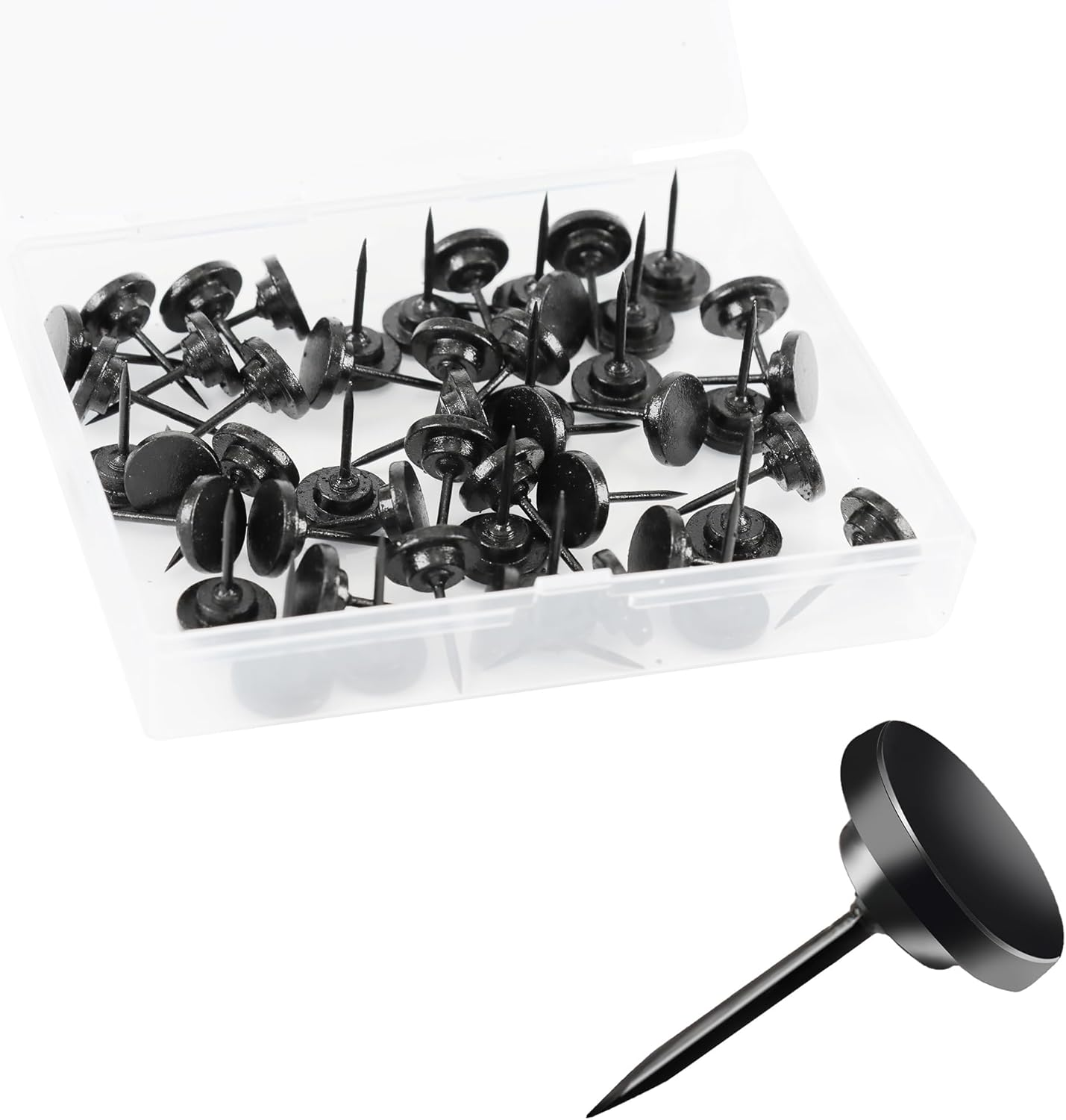 50Pcs Metal Push Pins, Thumb Tacks for Hanging Poster and Map, Heavy Duty Head Pin for Wall Corkboard Bulletin Board, Home Office Craft Accessories (Black)