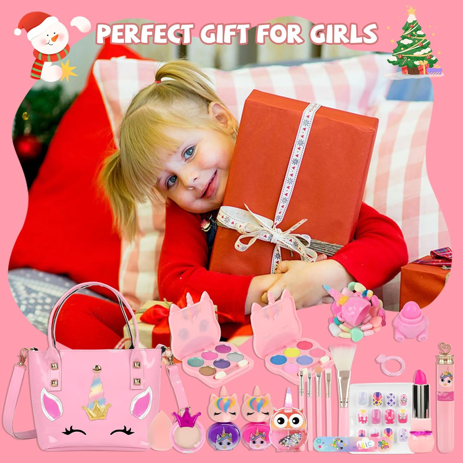 Kinderlolo Makeup Kit for Kids, Washable Cosmetic Set as Princess Birthday Gift Toy with Bag, Children Cosmetic Beauty Set for Girls Age 4 5 6 7 8 9 10 Year Old