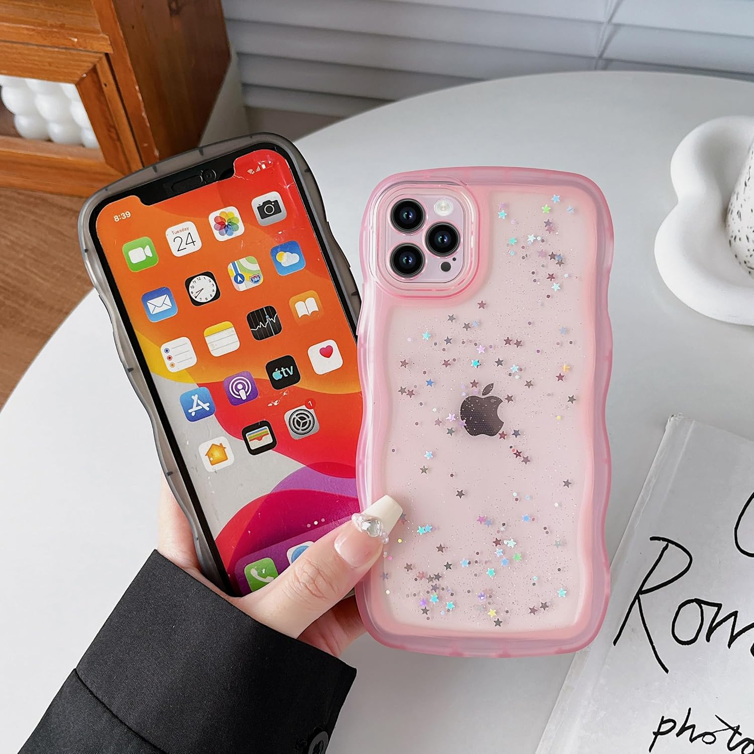 Qokey for Iphone 13 Mini Case 5.4" Curly Wave Edge Design Transparent Bling Glitter Star Shiny Cute Clear Transparent Full Protection Soft TPU Shockproof Phone Cover for Women Girls,Pink image number 3