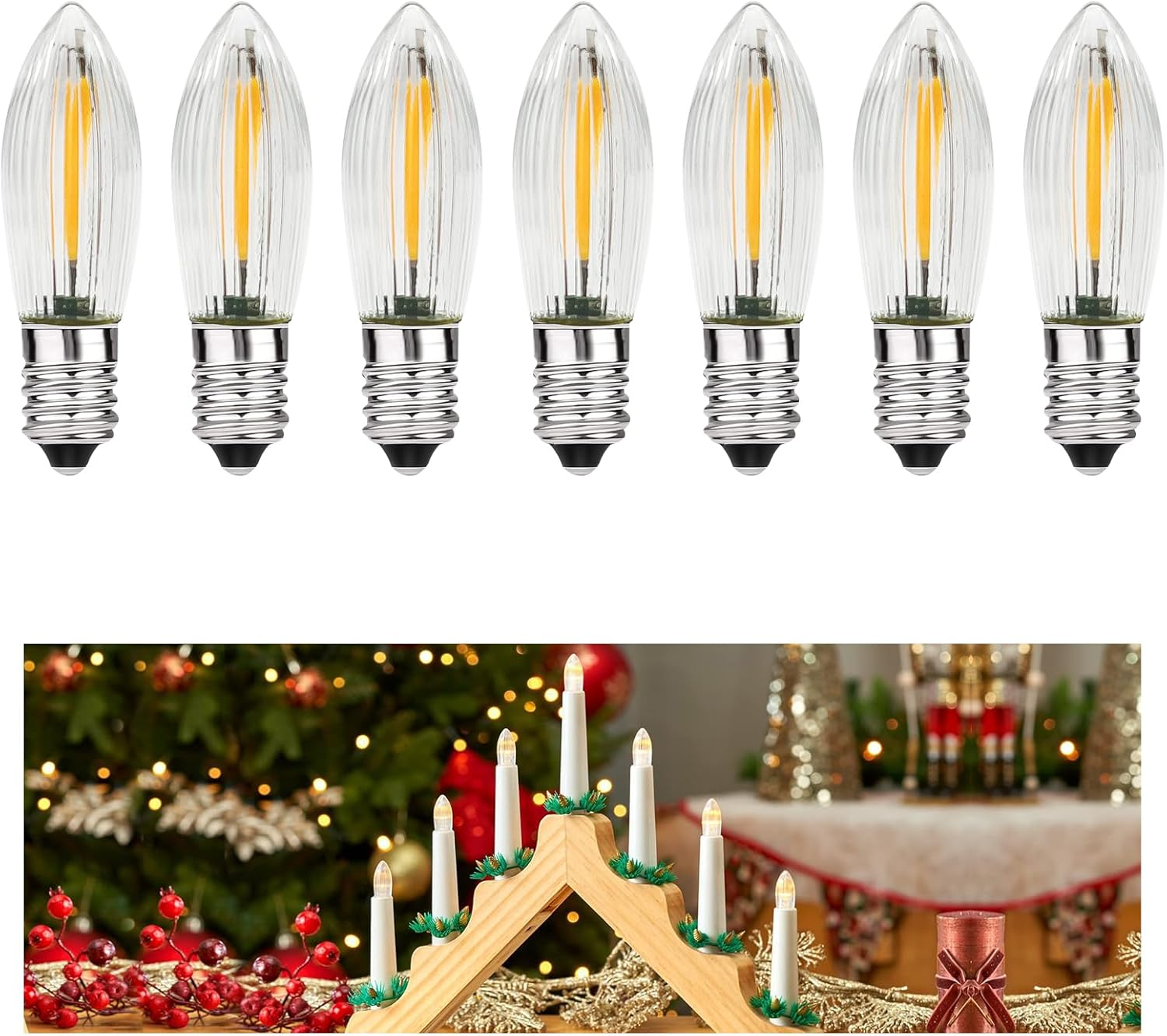 MZYOYO E10 LED Light Bulb, E10 LED Candles for Candle Arch, Candle Arch LED Candles 2100 K Warm White, E10 LED Tapered Candles LED Bulbs for Candle Arch, 0.2 W, 3 LM, AC14V-55V, Clear, Pack of 7