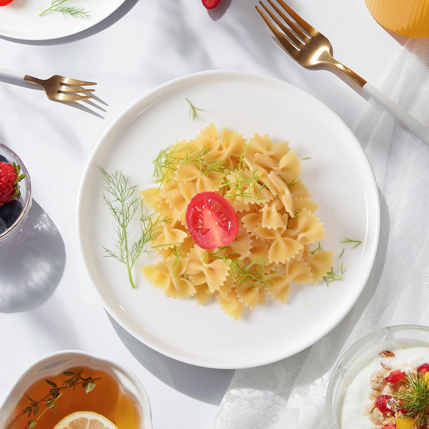 Antokueh White Ceramic Plates Set of 6, 8 Inch round Porcelain Salad Plate, 6-Piece Dishes with Shallow Edge for Appetizer, Steak, Dishwasher/Microwave Safe image number 1